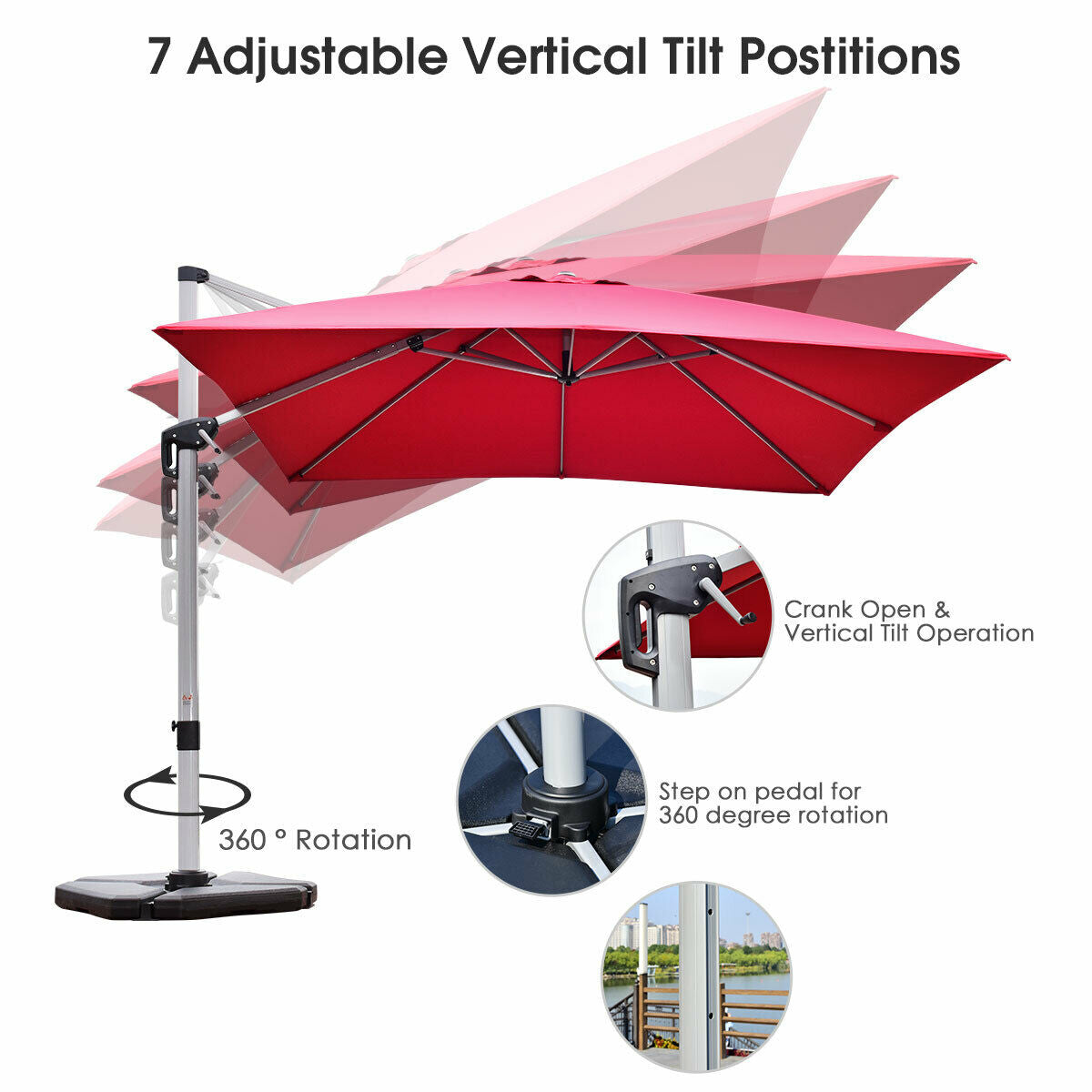 10 ft 360 Degree Tilt Aluminum Square Patio Offset Cantilever Umbrella without Weight Base-BurgundyÂ