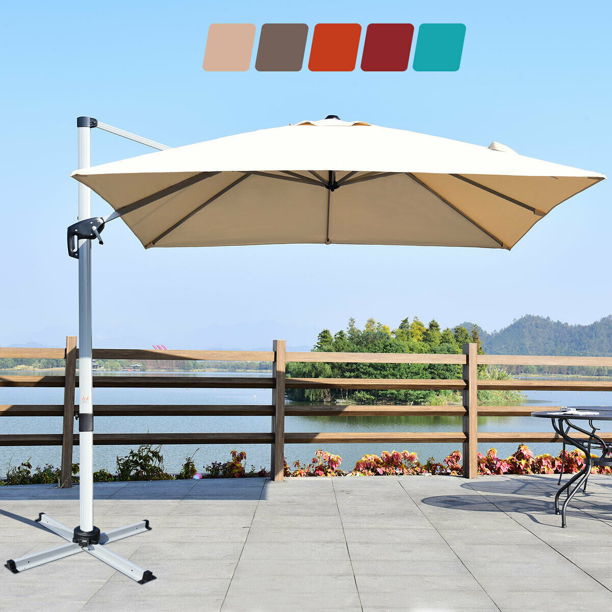 10 ft 360 Degree Tilt Aluminum Square Patio Offset Cantilever Umbrella without Weight Base-BeigeÂ