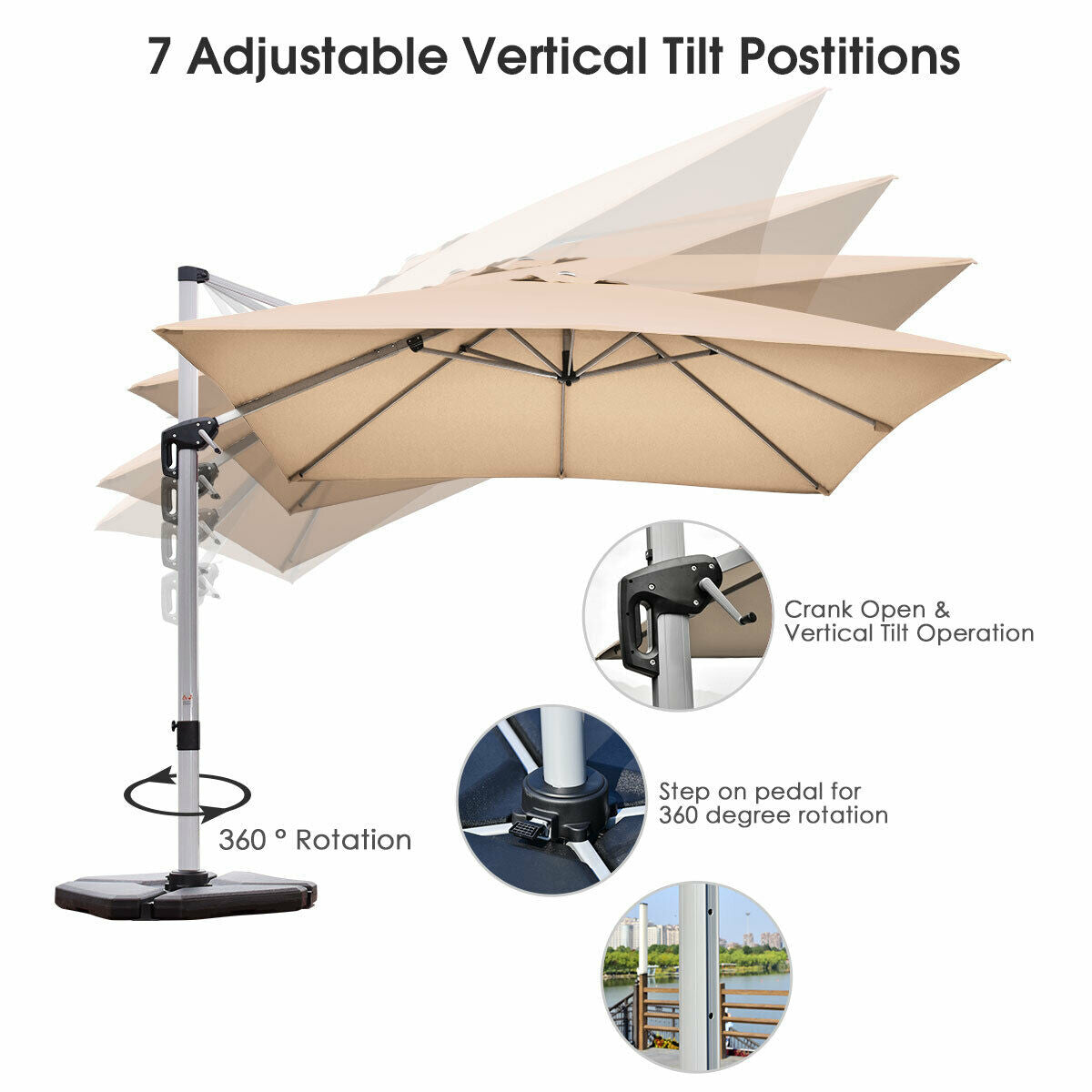 10 ft 360 Degree Tilt Aluminum Square Patio Offset Cantilever Umbrella without Weight Base-BeigeÂ