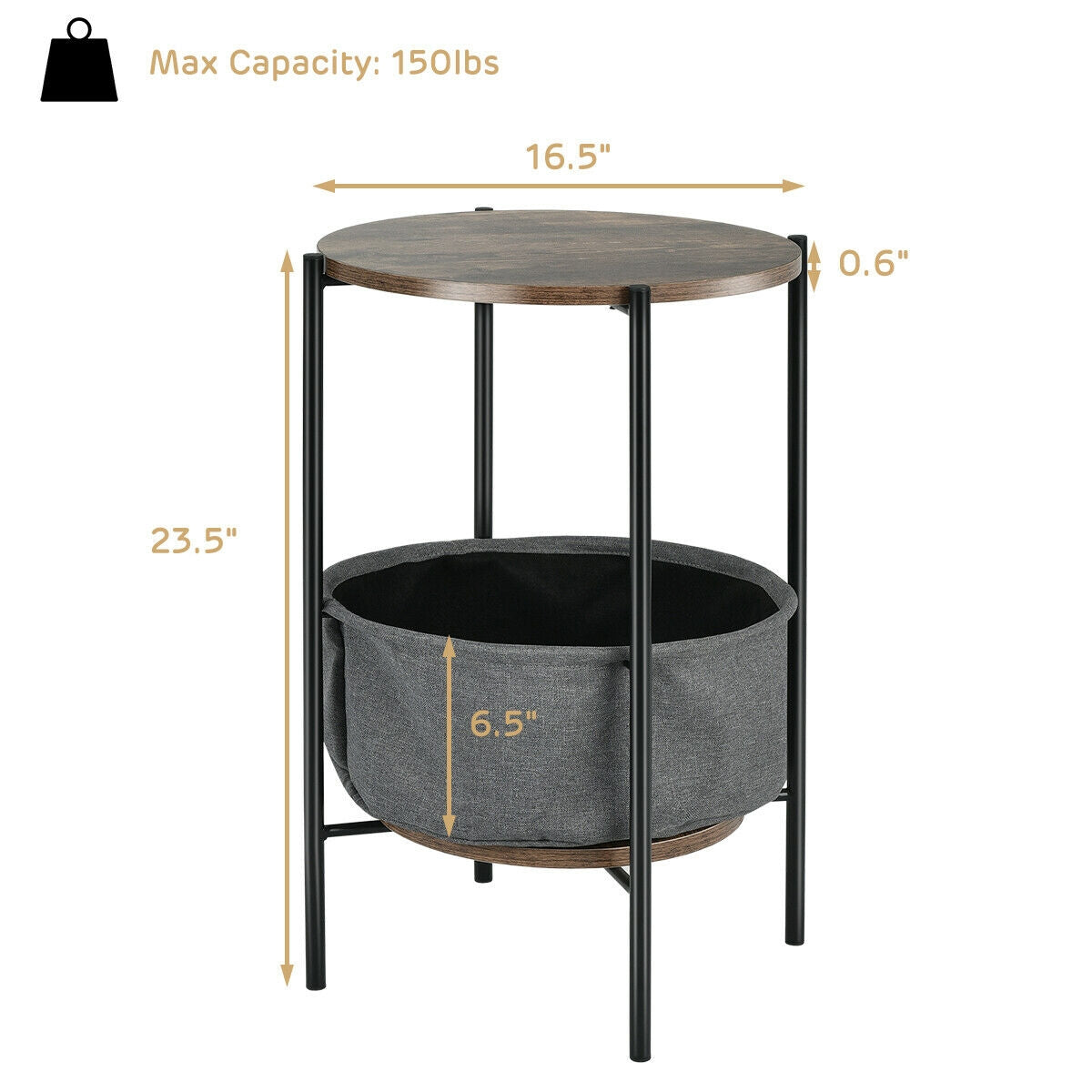 Industrial Round End Side Table Sofa with StorageÂ