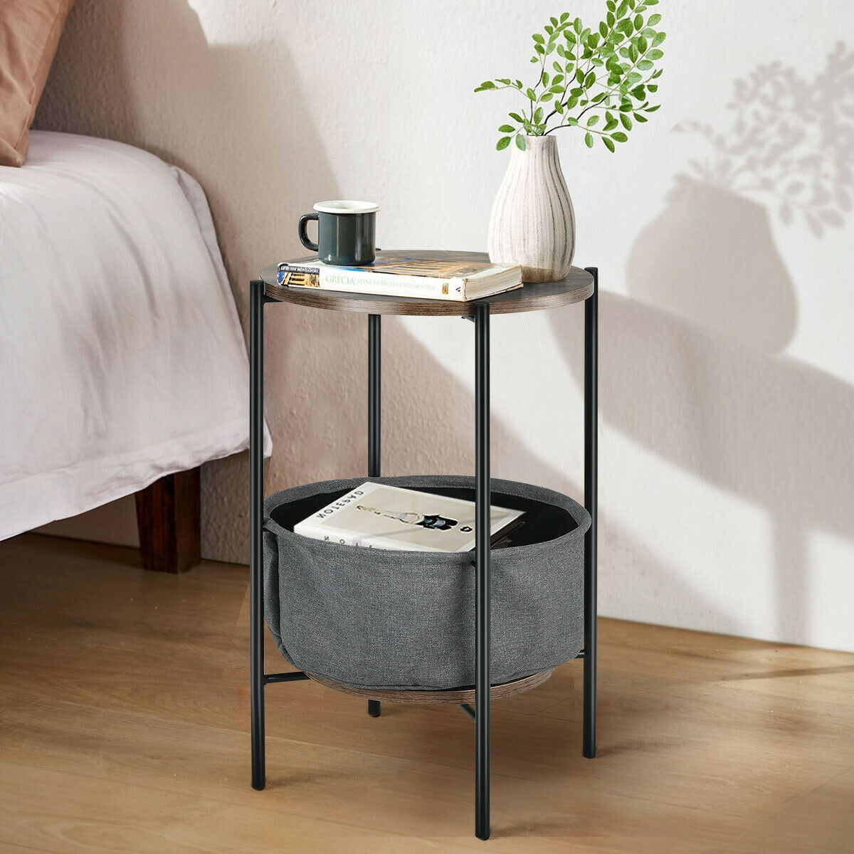 Industrial Round End Side Table Sofa with StorageÂ