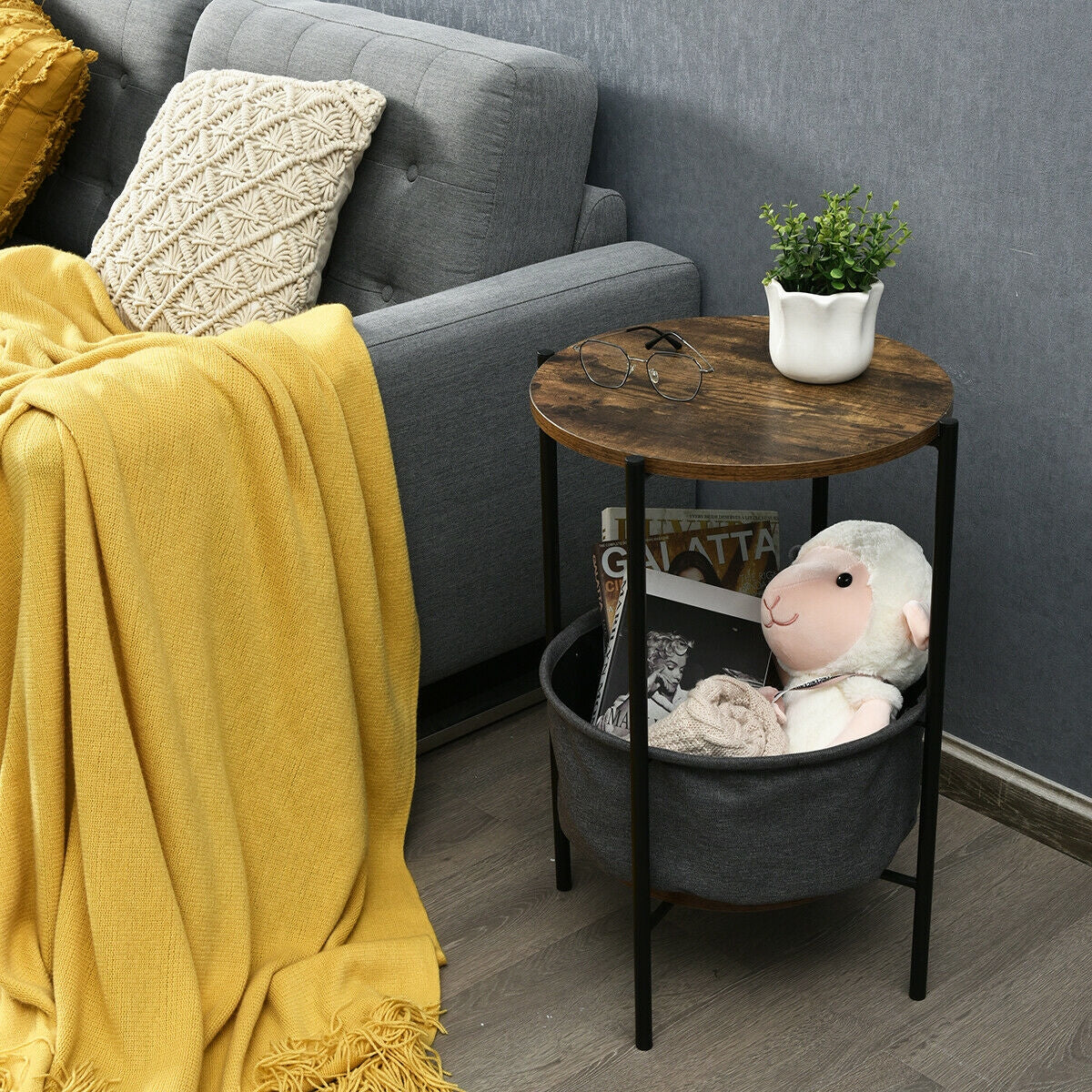 Industrial Round End Side Table Sofa with StorageÂ