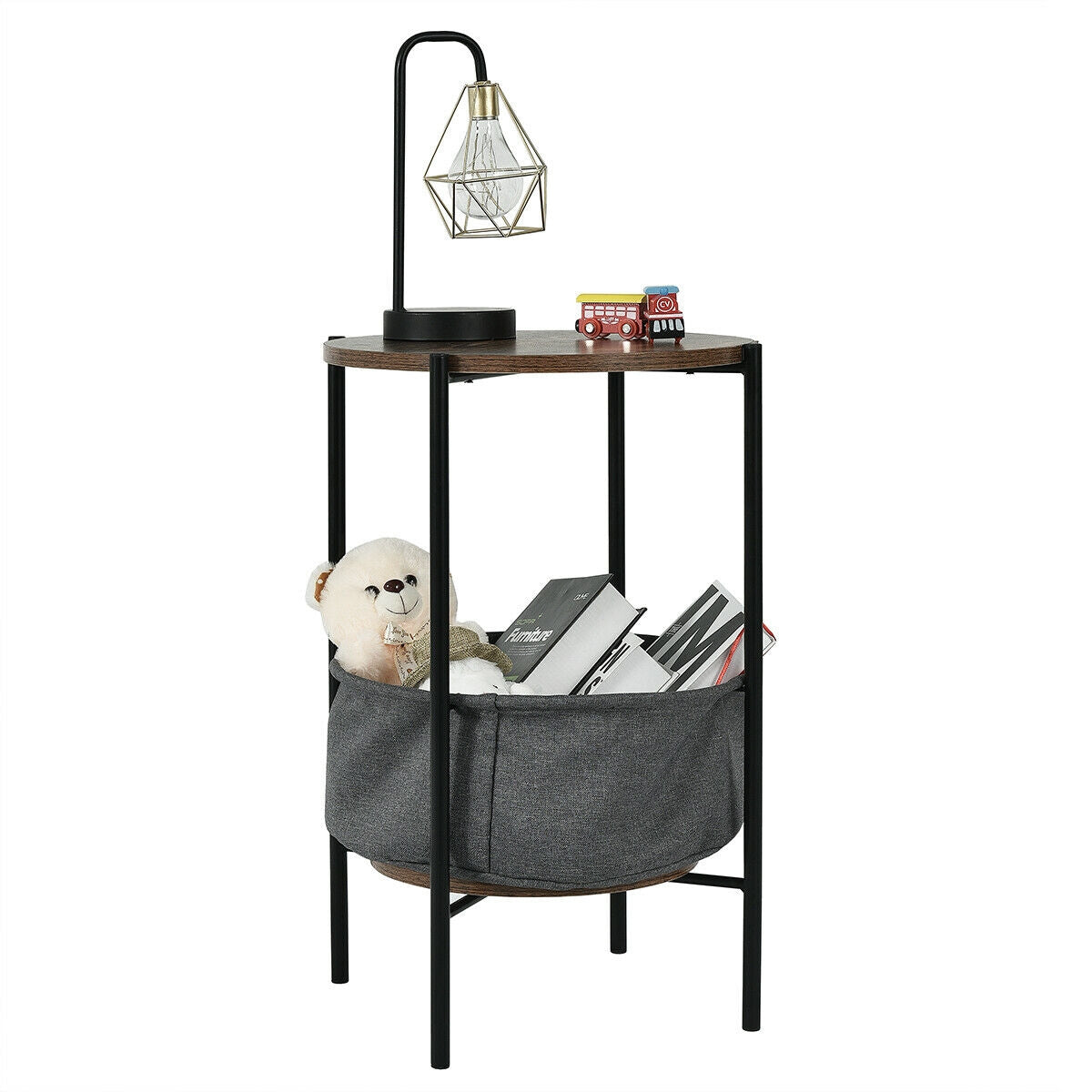 Industrial Round End Side Table Sofa with StorageÂ