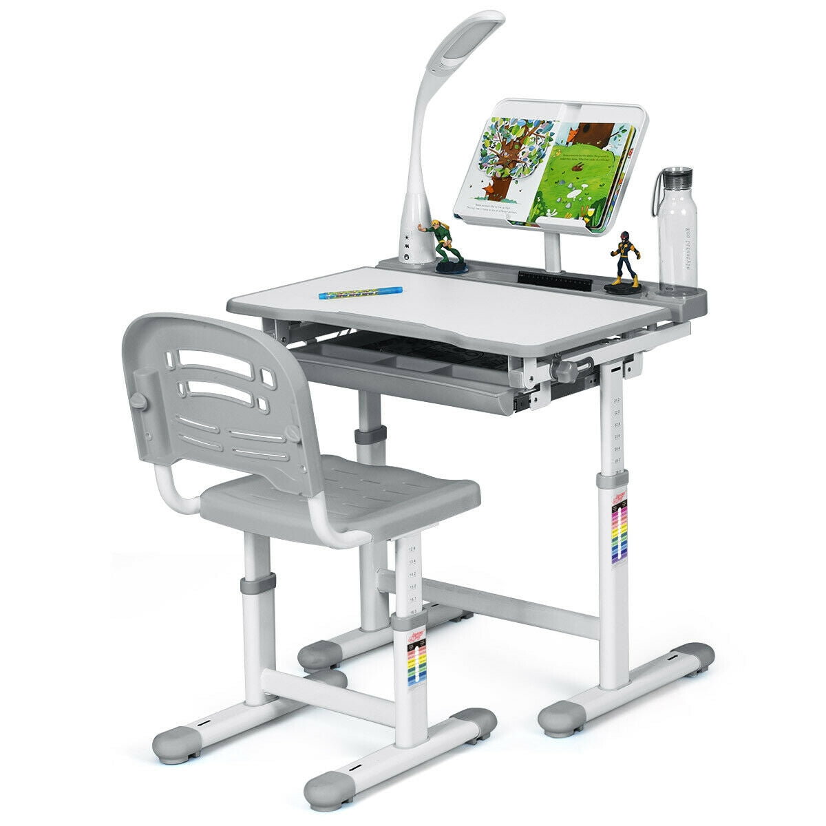 Adjustable Kids Desk Chair Set with Lamp and Bookstand-GrayÂ