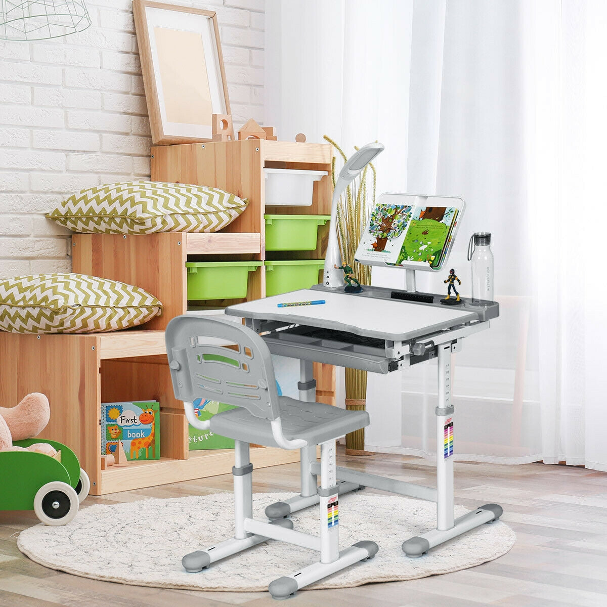 Adjustable Kids Desk Chair Set with Lamp and Bookstand-GrayÂ