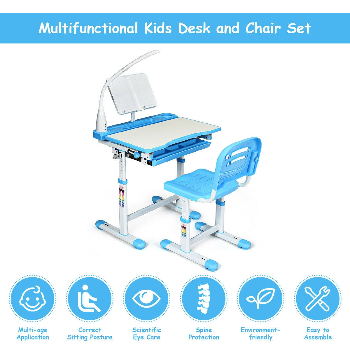 Adjustable Kids Desk Chair Set with Lamp and Bookstand-BlueÂ