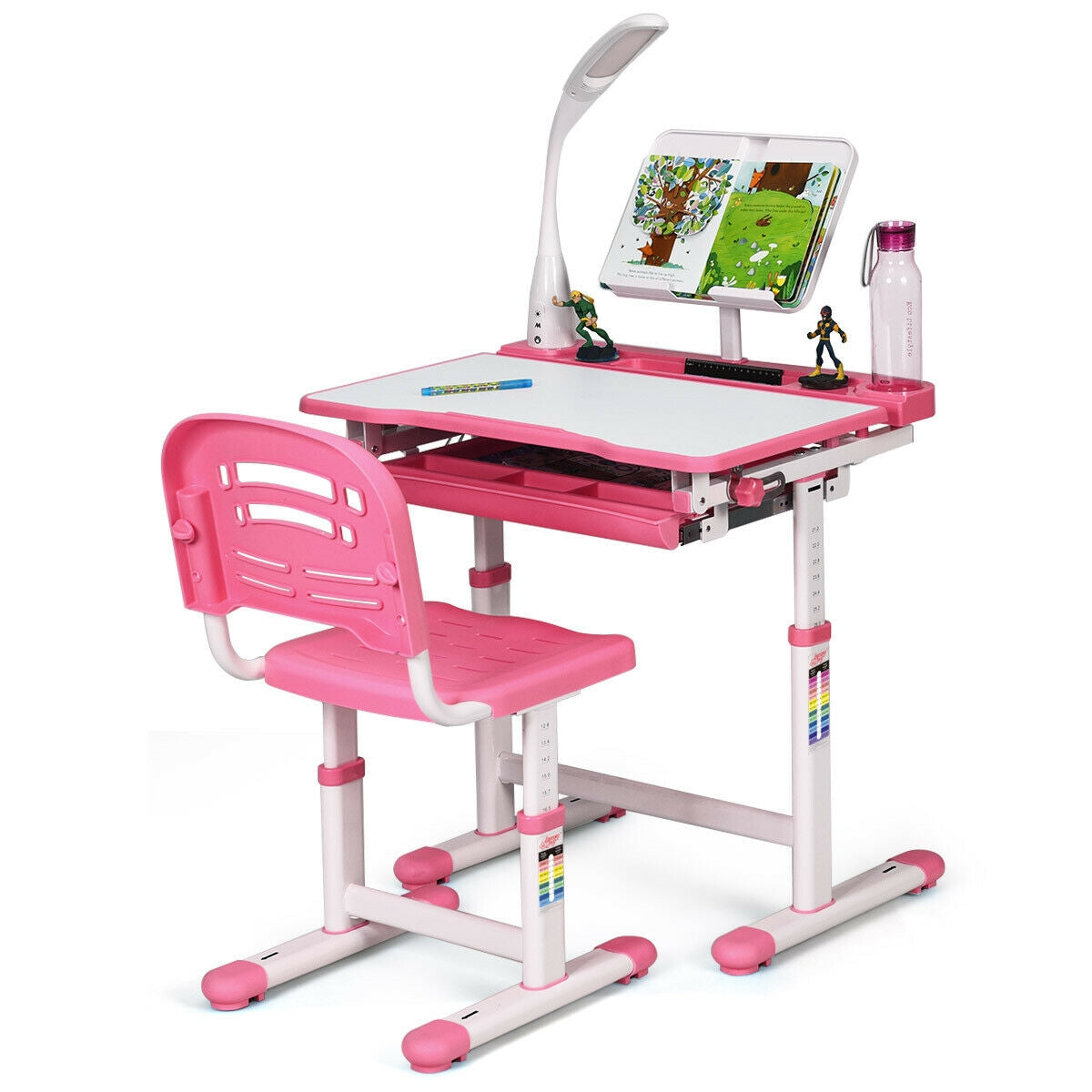 Adjustable Kids Desk Chair Set with Lamp and Bookstand-PinkÂ