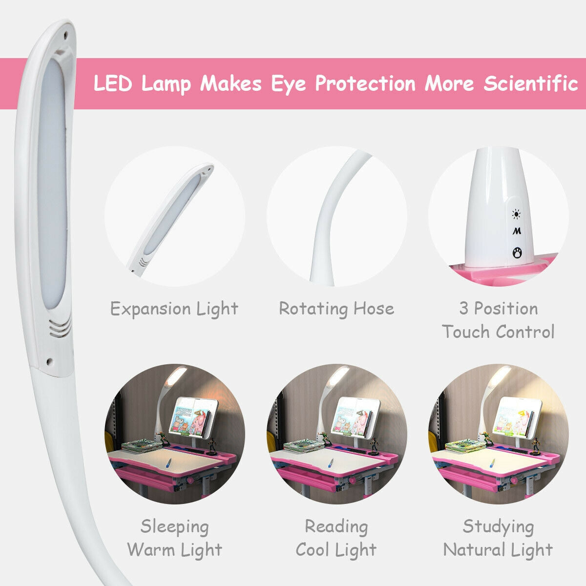 Adjustable Kids Desk Chair Set with Lamp and Bookstand-PinkÂ