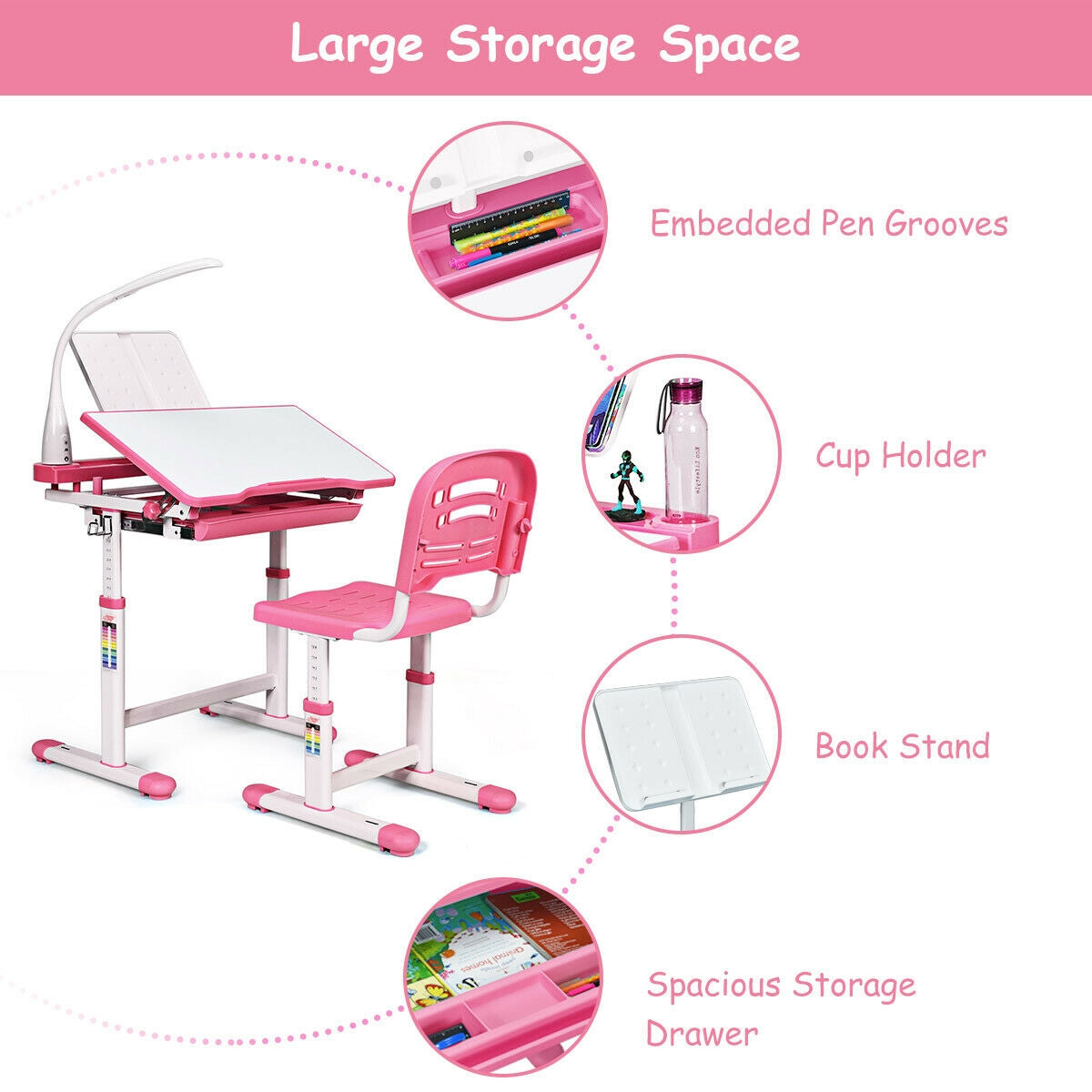 Adjustable Kids Desk Chair Set with Lamp and Bookstand-PinkÂ
