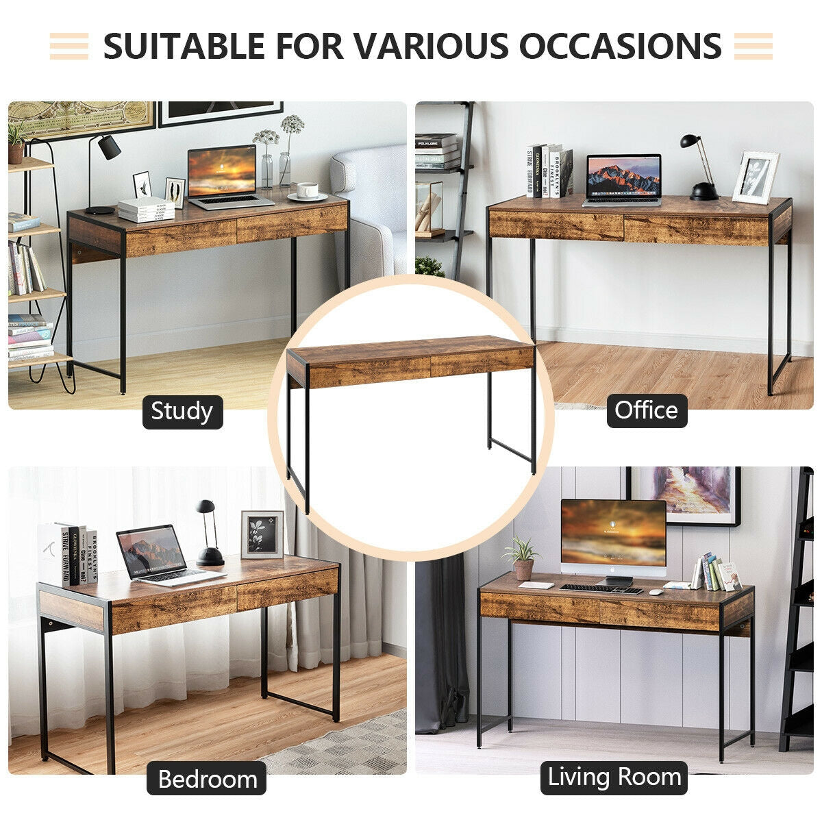 2-Drawer Computer Desk Study Table Home Office Writing Workstation-Rustic BrownÂ