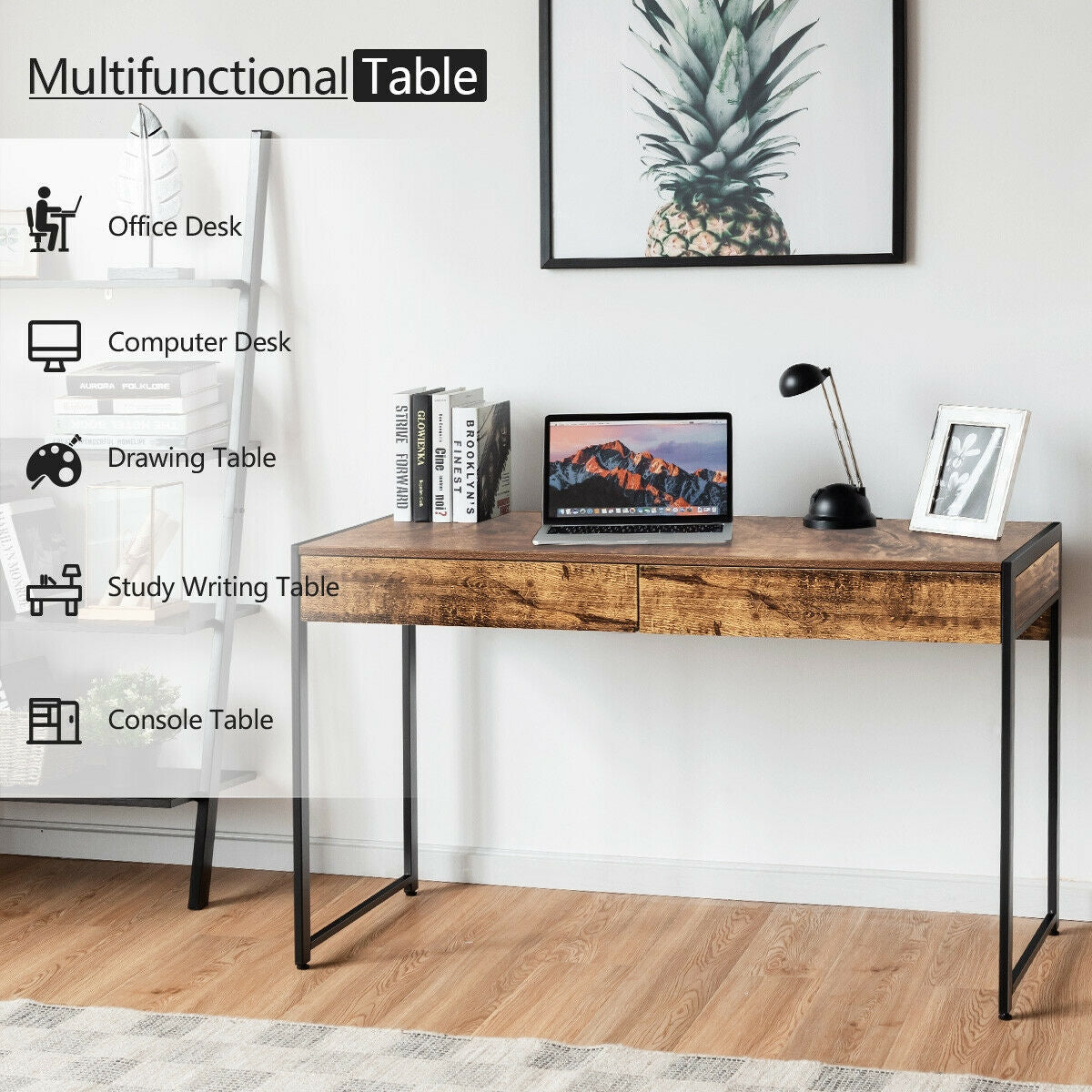 2-Drawer Computer Desk Study Table Home Office Writing Workstation-Rustic BrownÂ
