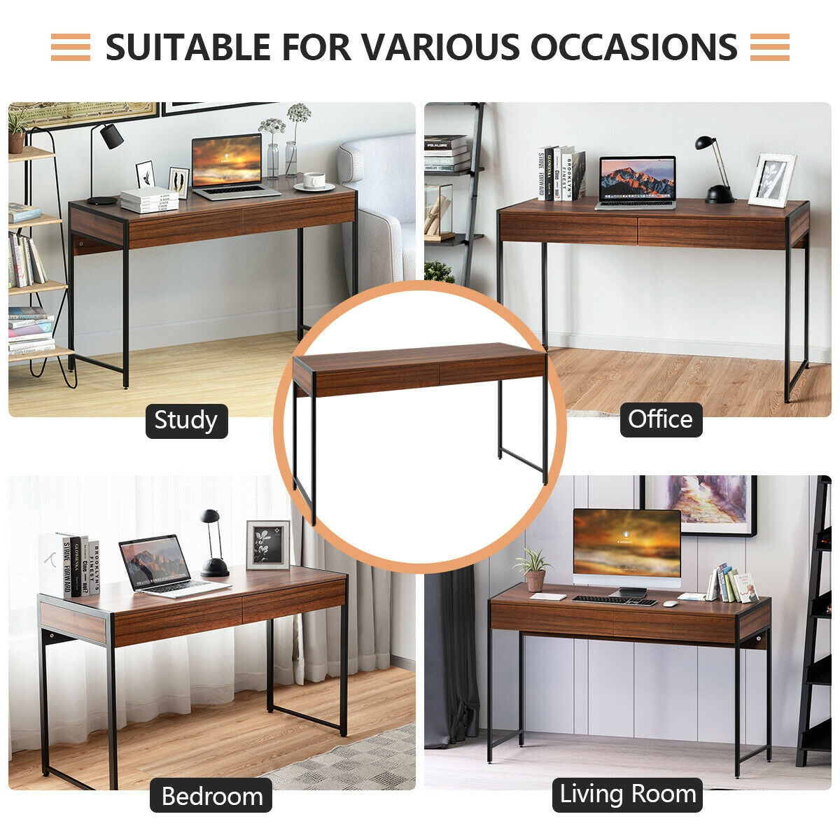 2-Drawer Computer Desk Study Table Home Office Writing Workstation-BrownÂ