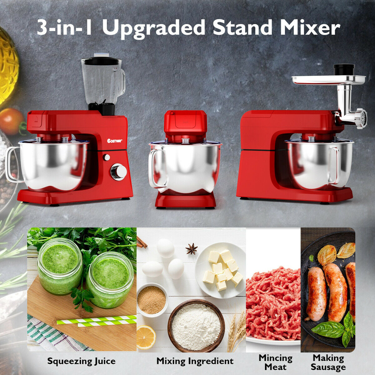 3-in-1 Multi-functional 6-speed Tilt-head Food Stand Mixer-RedÂ