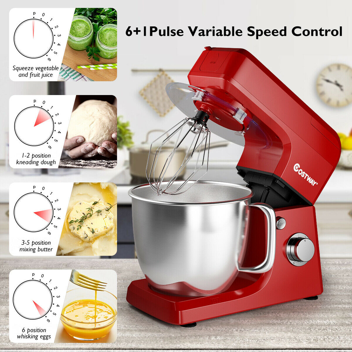 3-in-1 Multi-functional 6-speed Tilt-head Food Stand Mixer-RedÂ