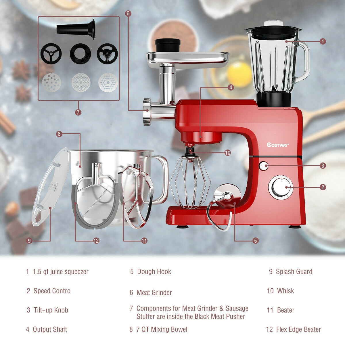 3-in-1 Multi-functional 6-speed Tilt-head Food Stand Mixer-RedÂ