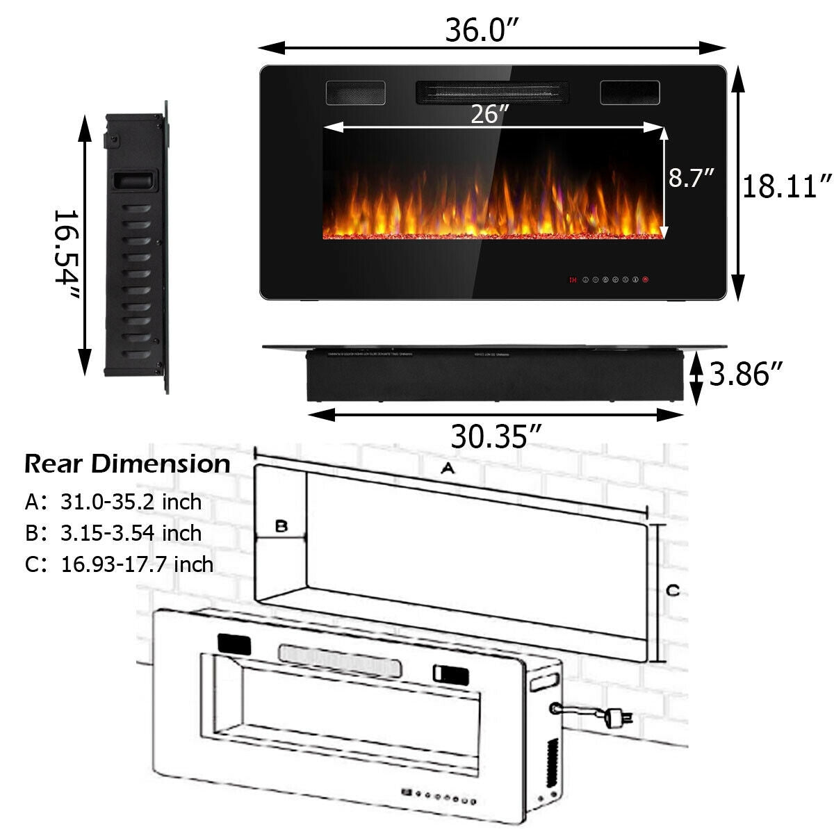 36 Inch Ultra Thin Wall Mounted Electric FireplaceÂ