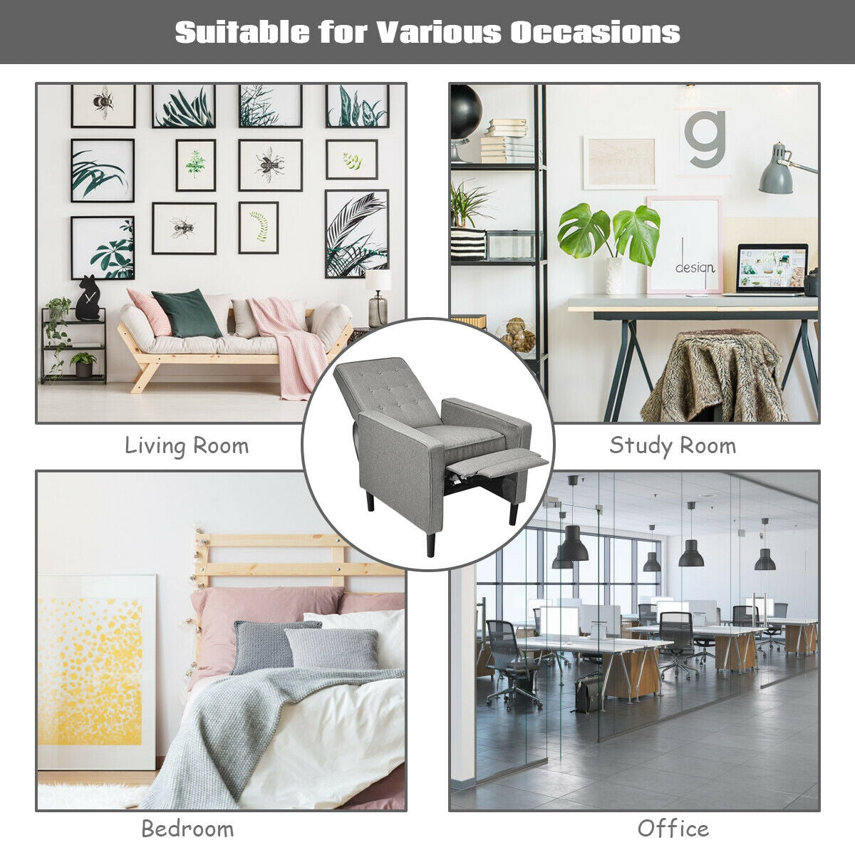 Mid-Century Push Back Recliner Chair-GrayÂ