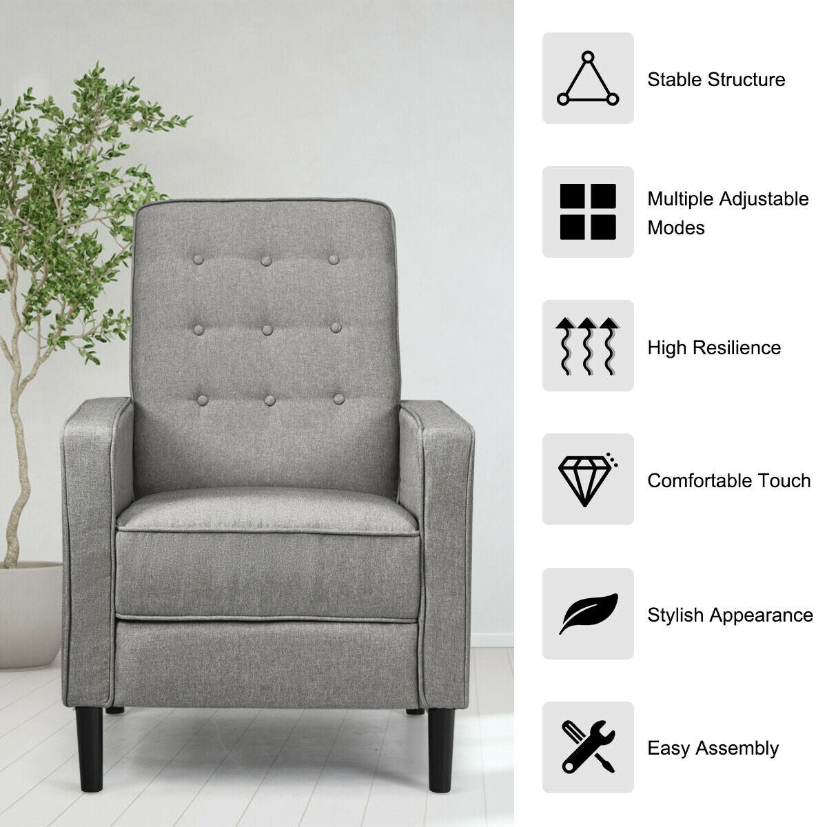 Mid-Century Push Back Recliner Chair-GrayÂ