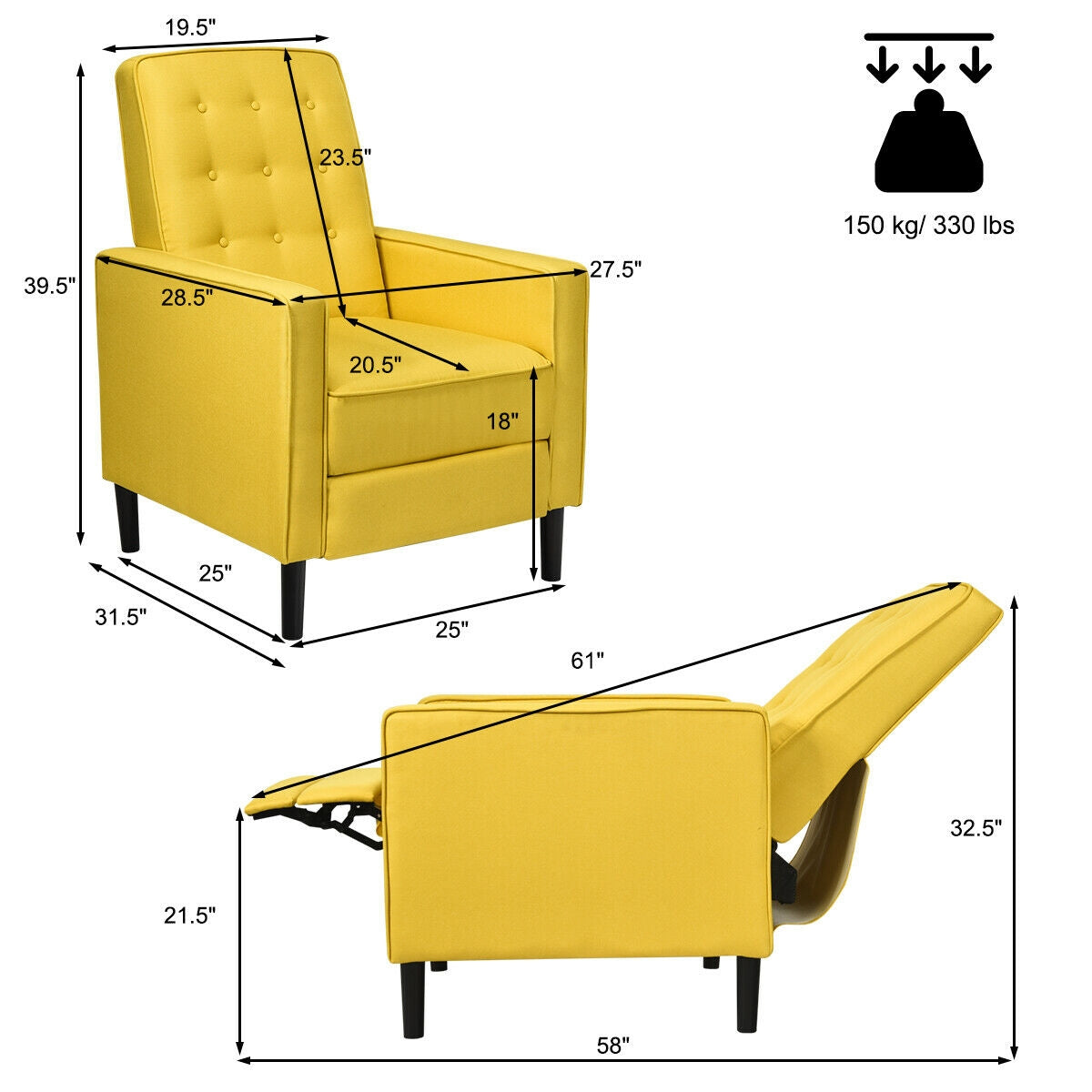 Mid-Century Push Back Recliner Chair-YellowÂ