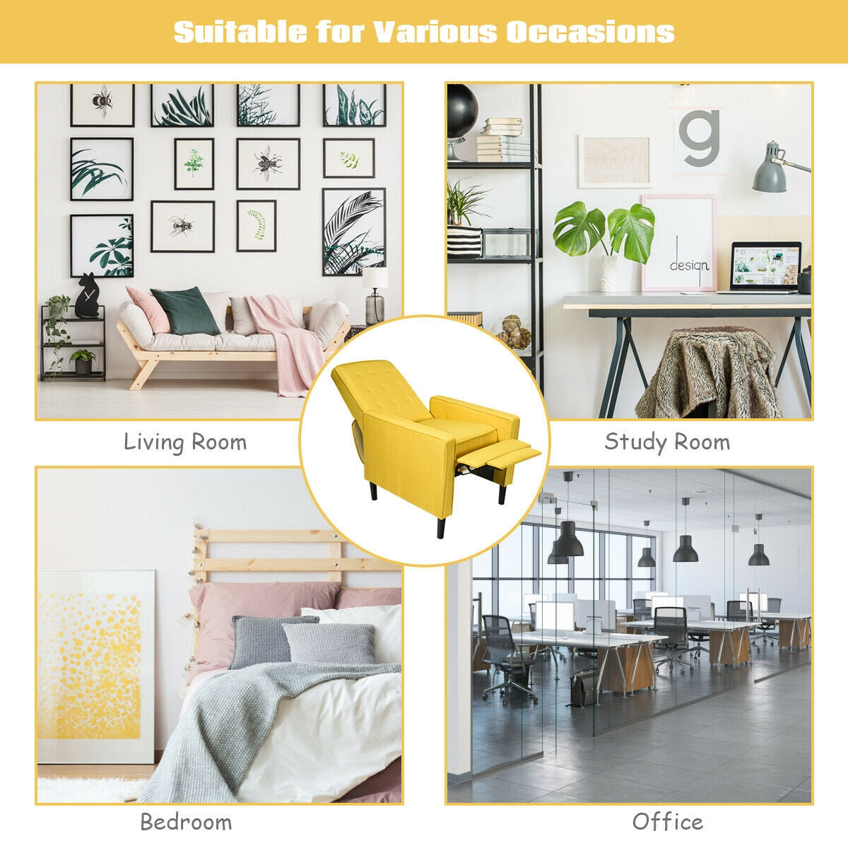 Mid-Century Push Back Recliner Chair-YellowÂ