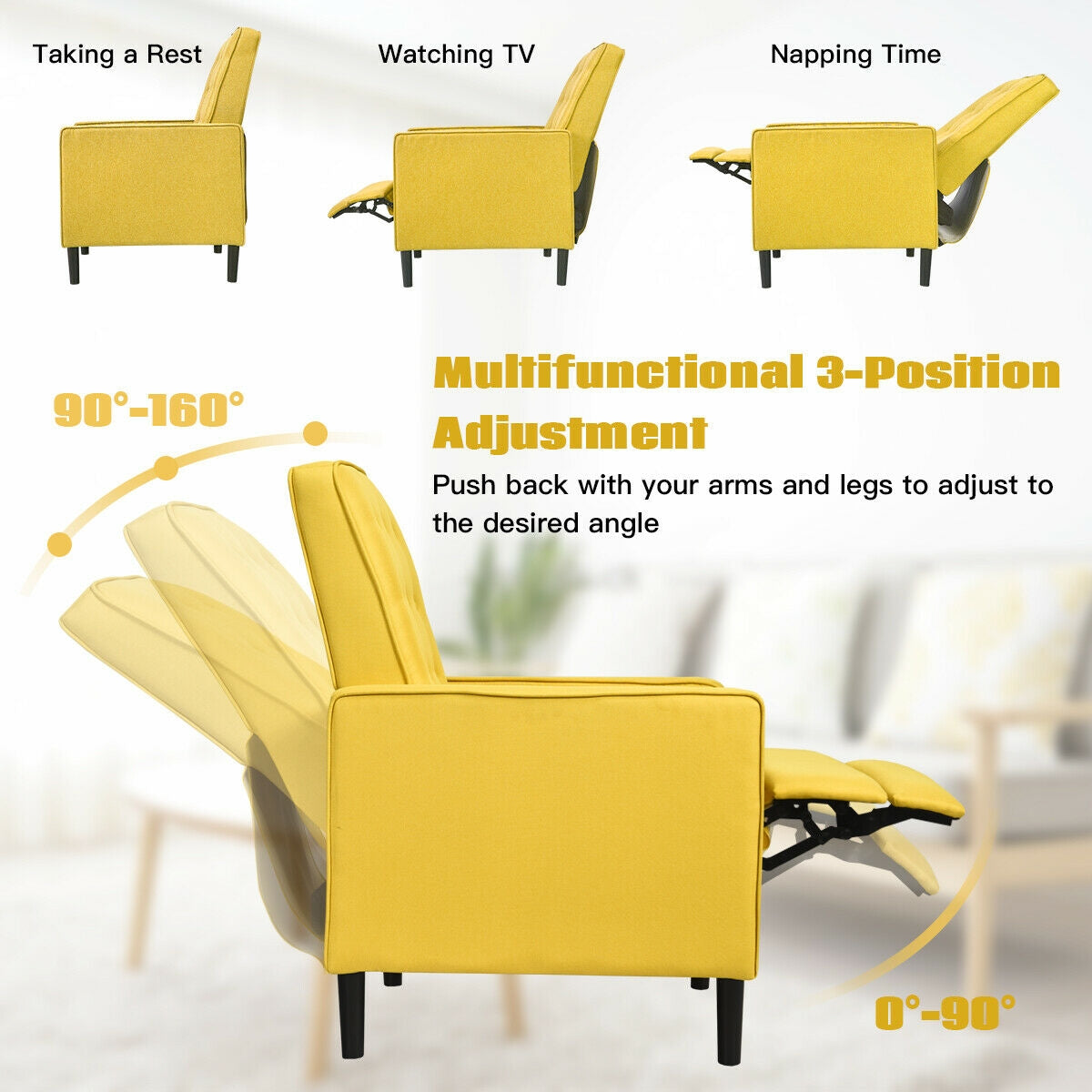 Mid-Century Push Back Recliner Chair-YellowÂ