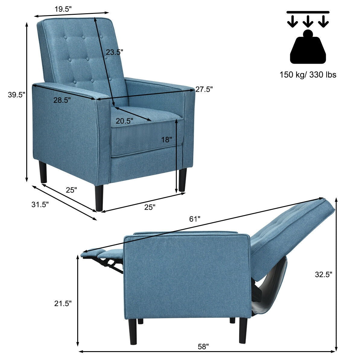 Mid-Century Push Back Recliner Chair-BlueÂ