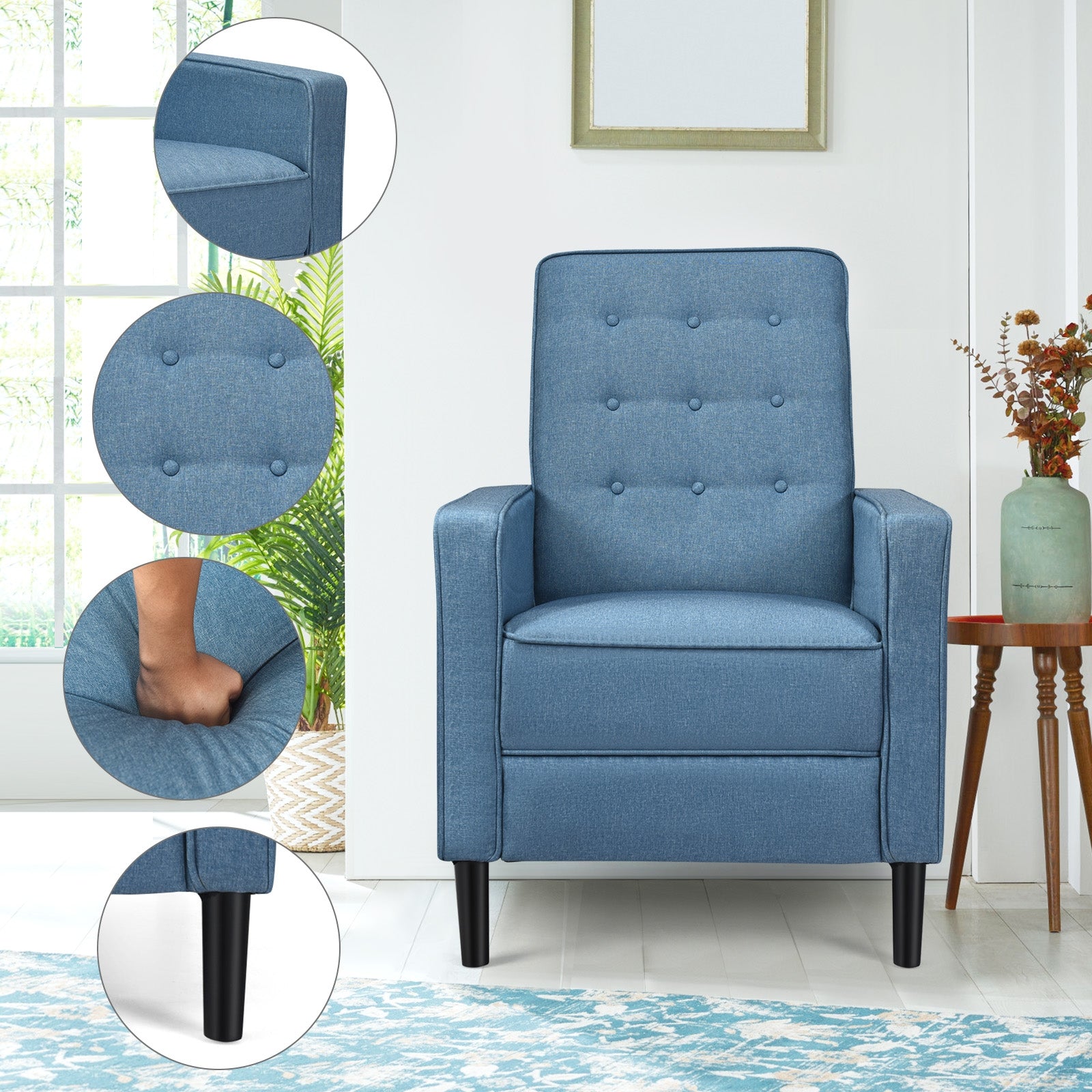 Mid-Century Push Back Recliner Chair-BlueÂ