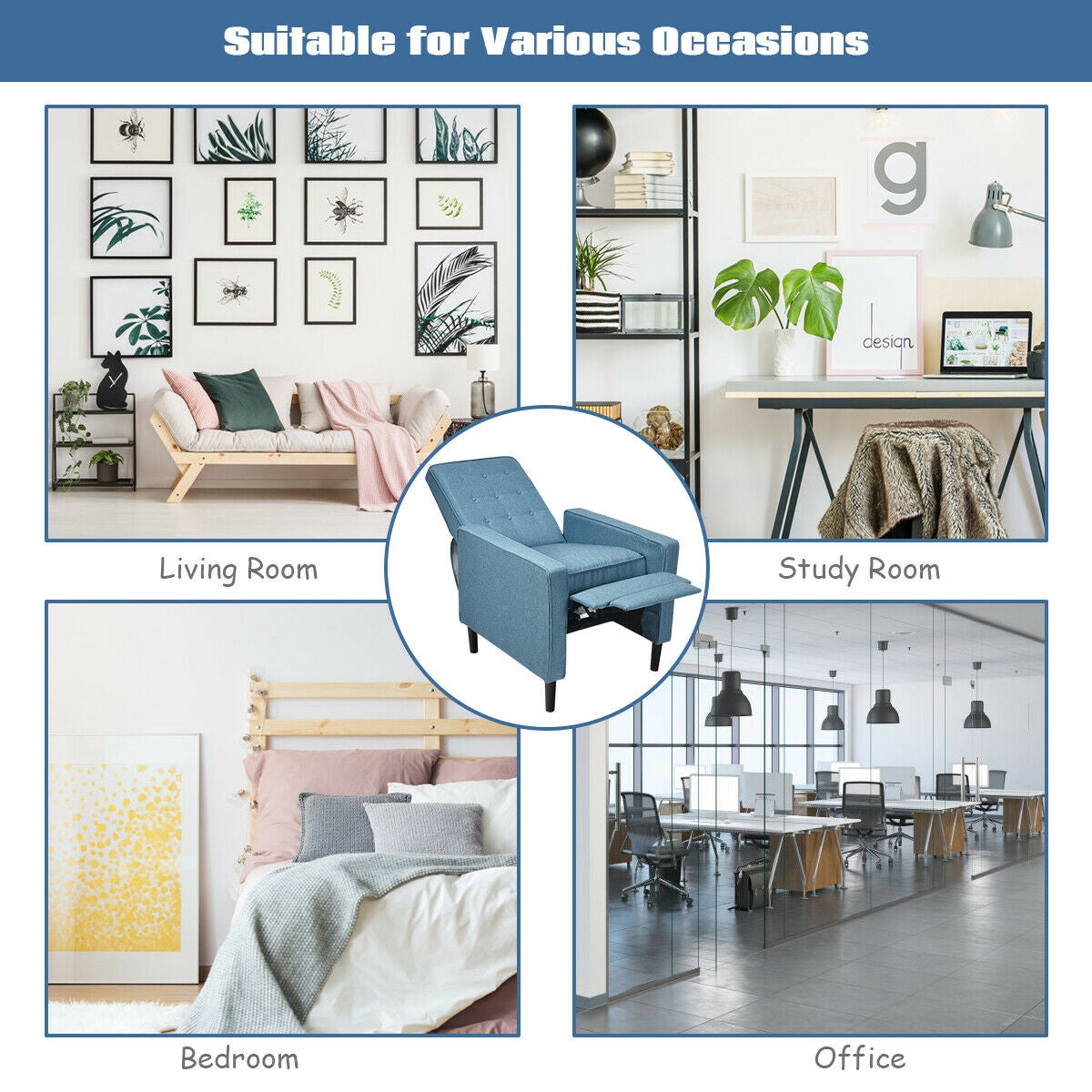 Mid-Century Push Back Recliner Chair-BlueÂ