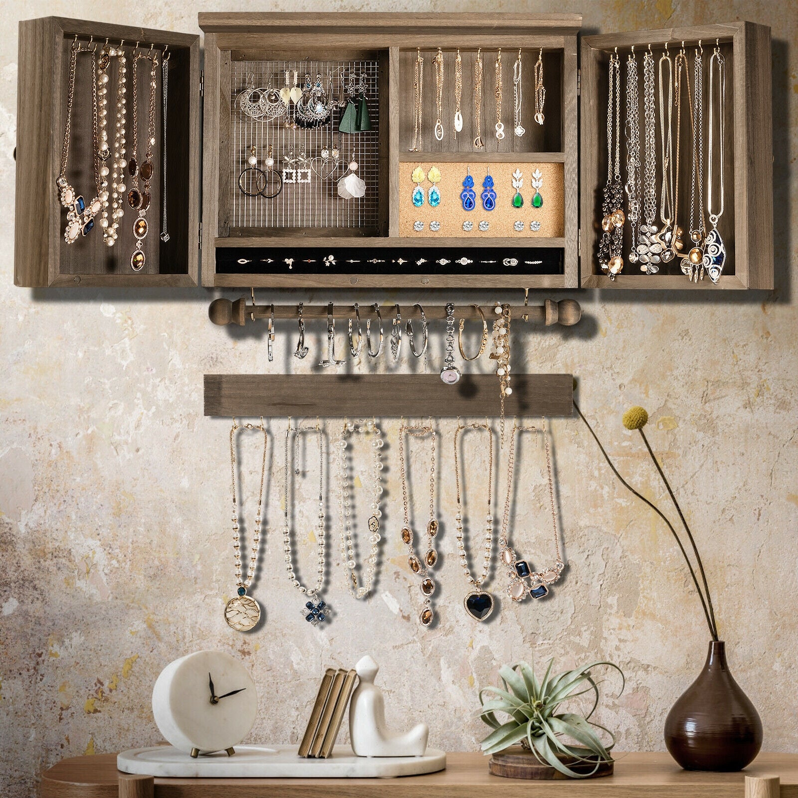 Vintage Wood Wall Mounted Jewelry Organizer with Barn Door-BrownÂ