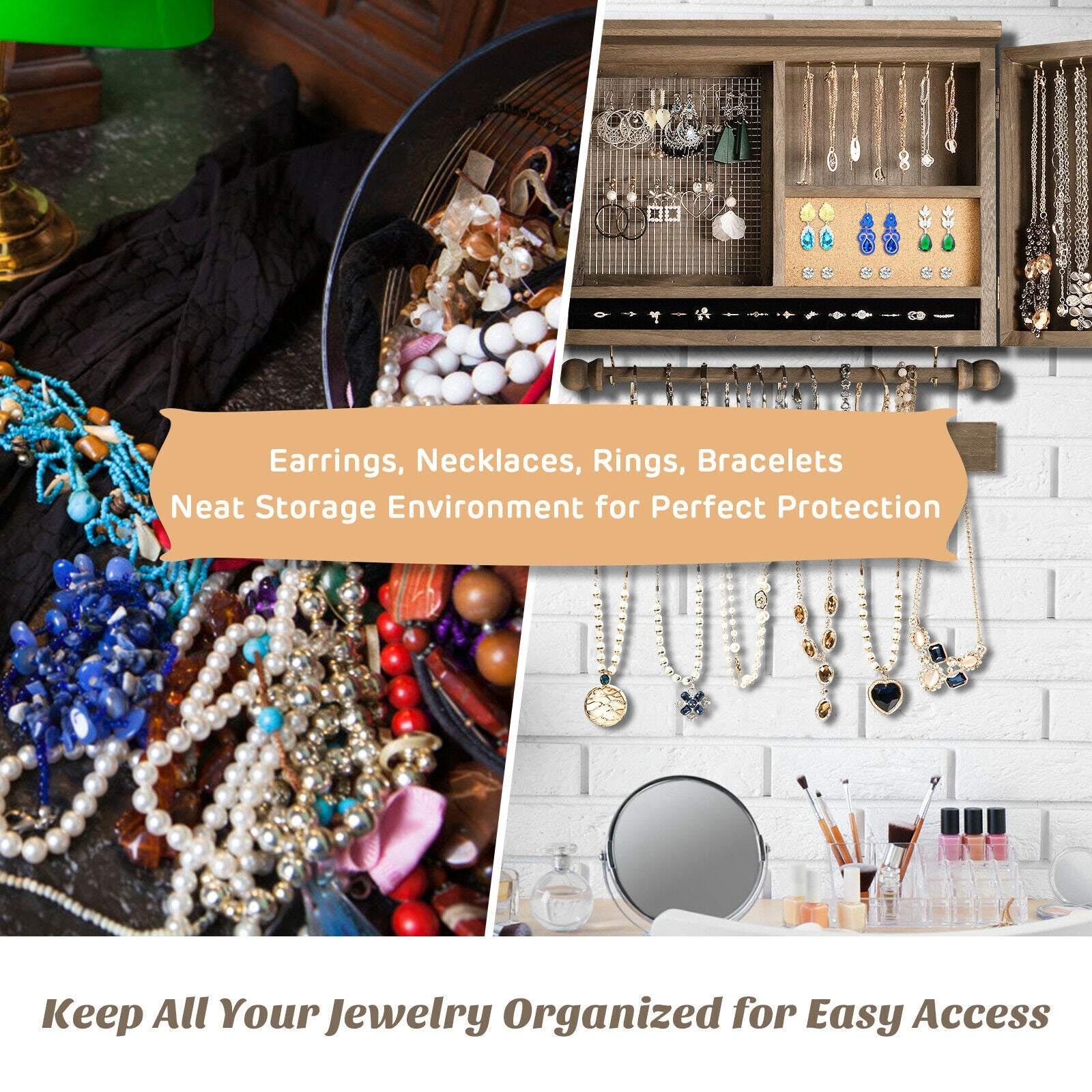 Vintage Wood Wall Mounted Jewelry Organizer with Barn Door-BrownÂ