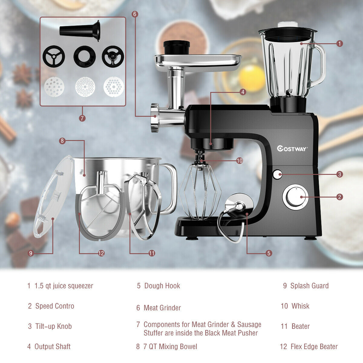 3-in-1 Multi-functional 6-speed Tilt-head Food Stand Mixer-BlackÂ