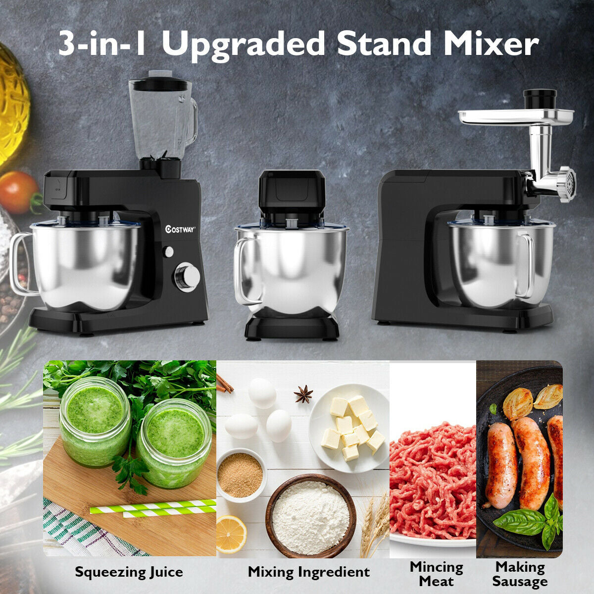 3-in-1 Multi-functional 6-speed Tilt-head Food Stand Mixer-BlackÂ