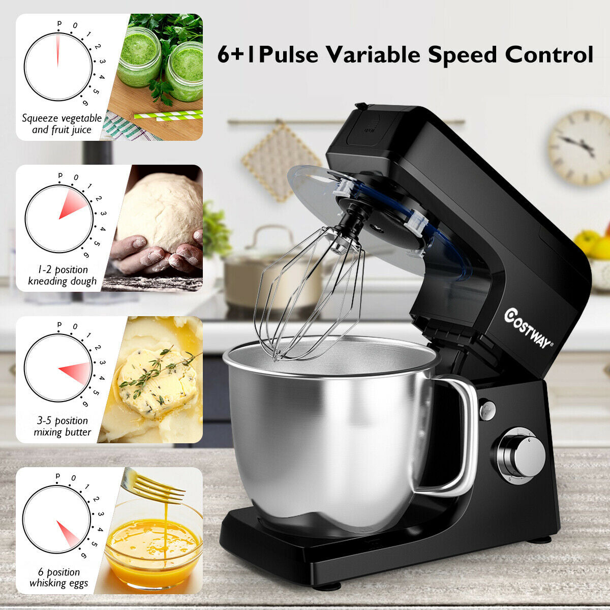 3-in-1 Multi-functional 6-speed Tilt-head Food Stand Mixer-BlackÂ