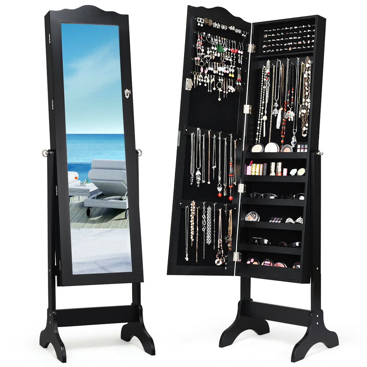 Mirrored Lockable Jewelry Cabinet Armoire Organizer Storage Box-BlackÂ
