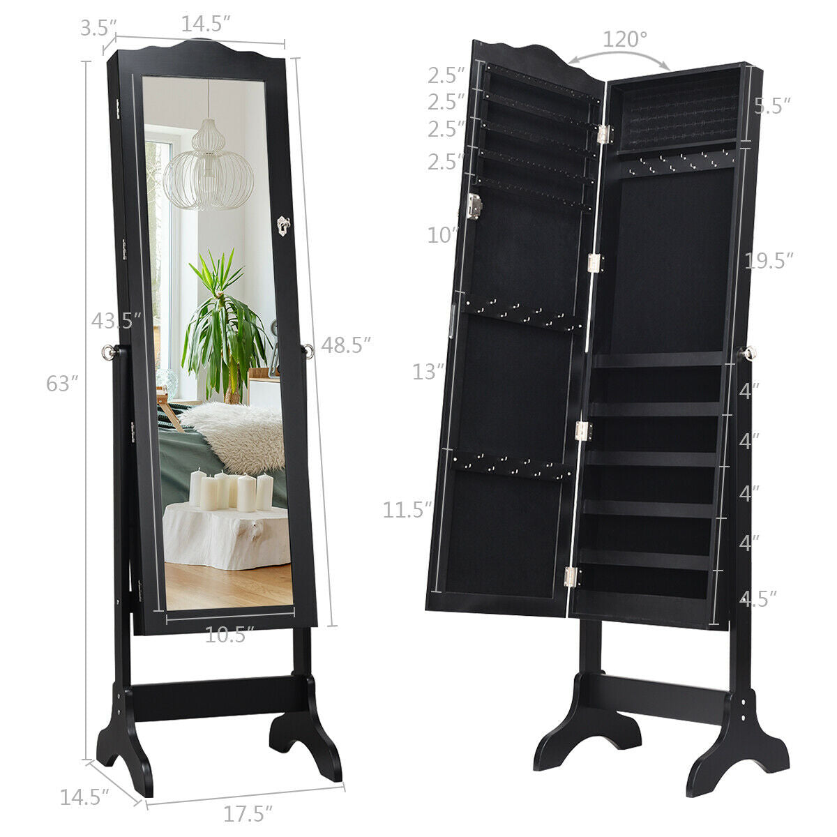 Mirrored Lockable Jewelry Cabinet Armoire Organizer Storage Box-BlackÂ