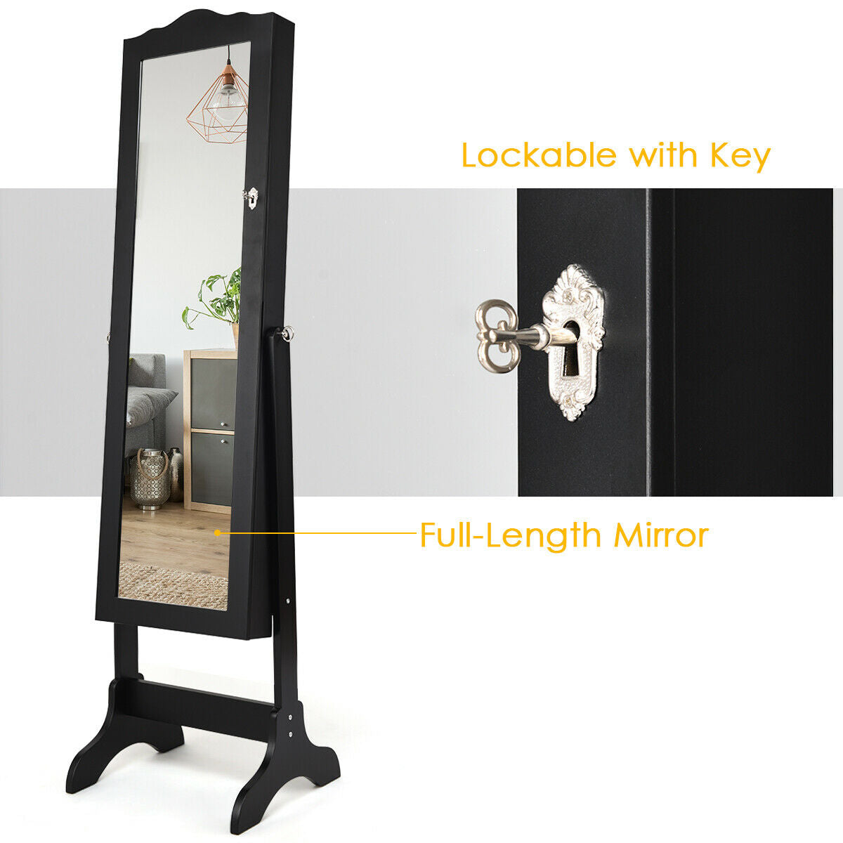 Mirrored Lockable Jewelry Cabinet Armoire Organizer Storage Box-BlackÂ