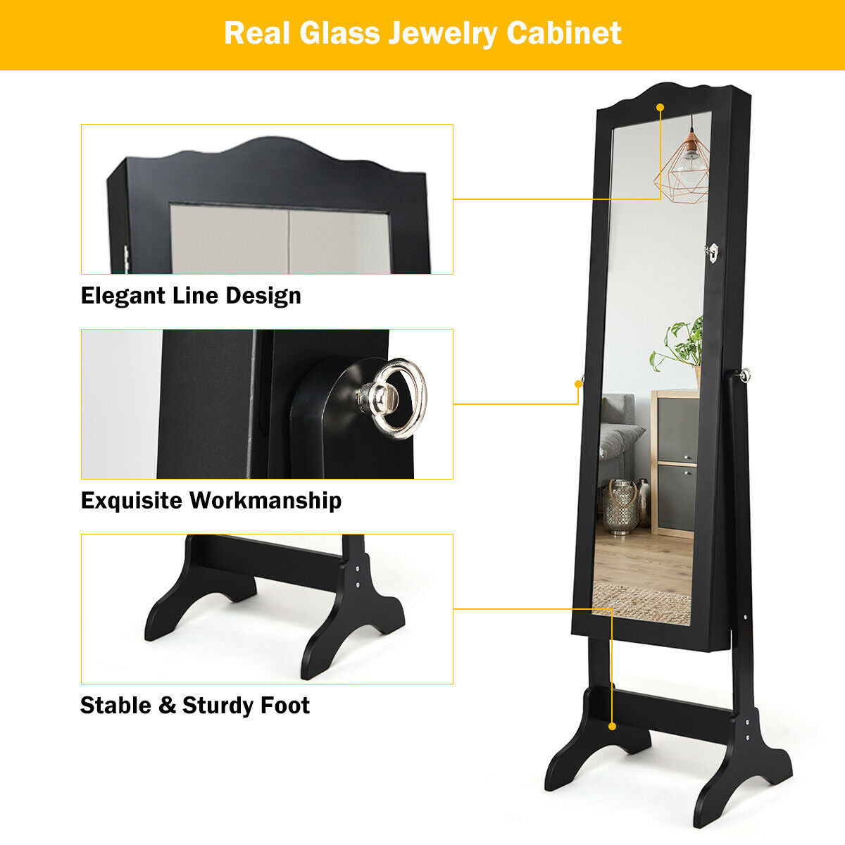 Mirrored Lockable Jewelry Cabinet Armoire Organizer Storage Box-BlackÂ