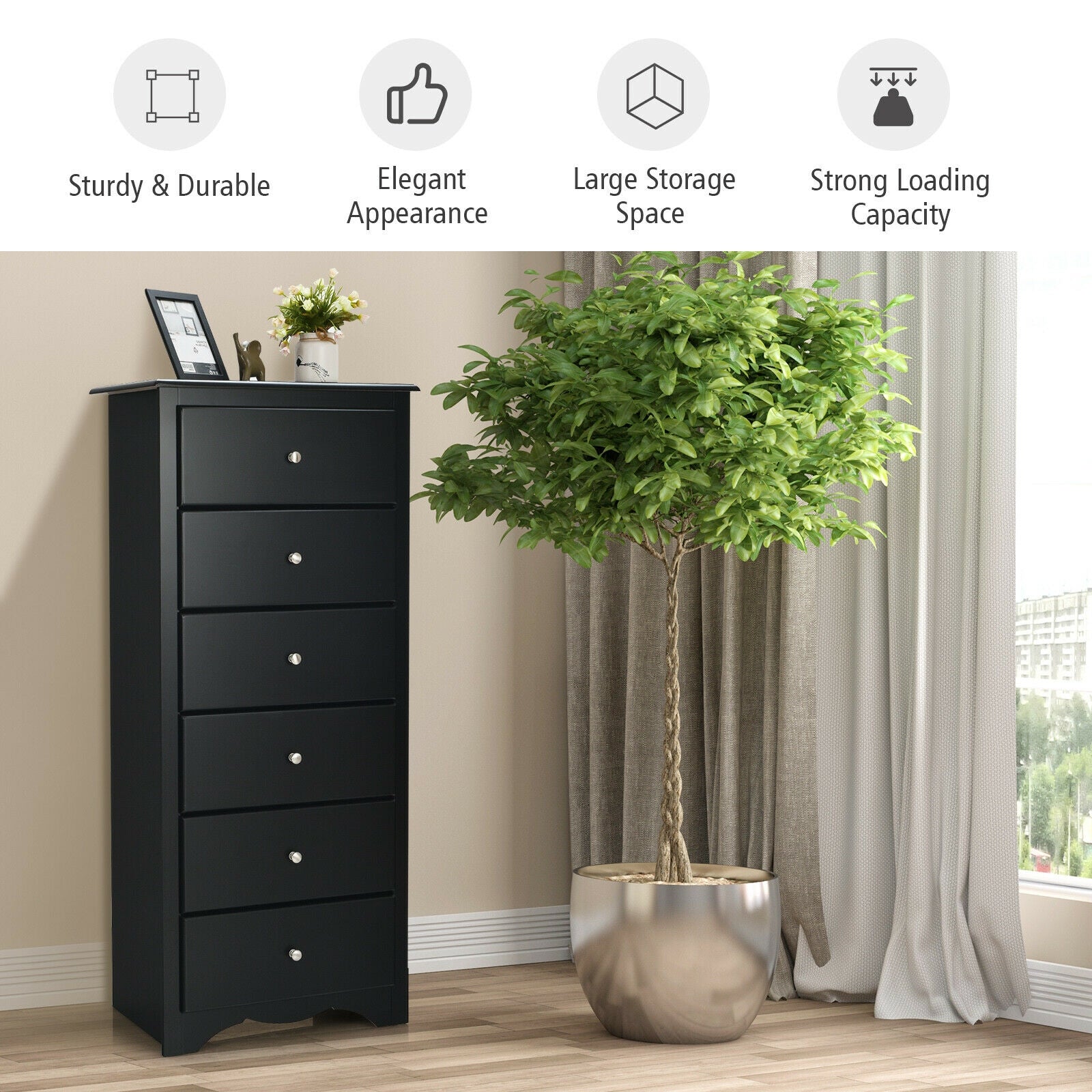 6 Drawers Chest Dresser Clothes Storage Bedroom Furniture Cabinet-BlackÂ