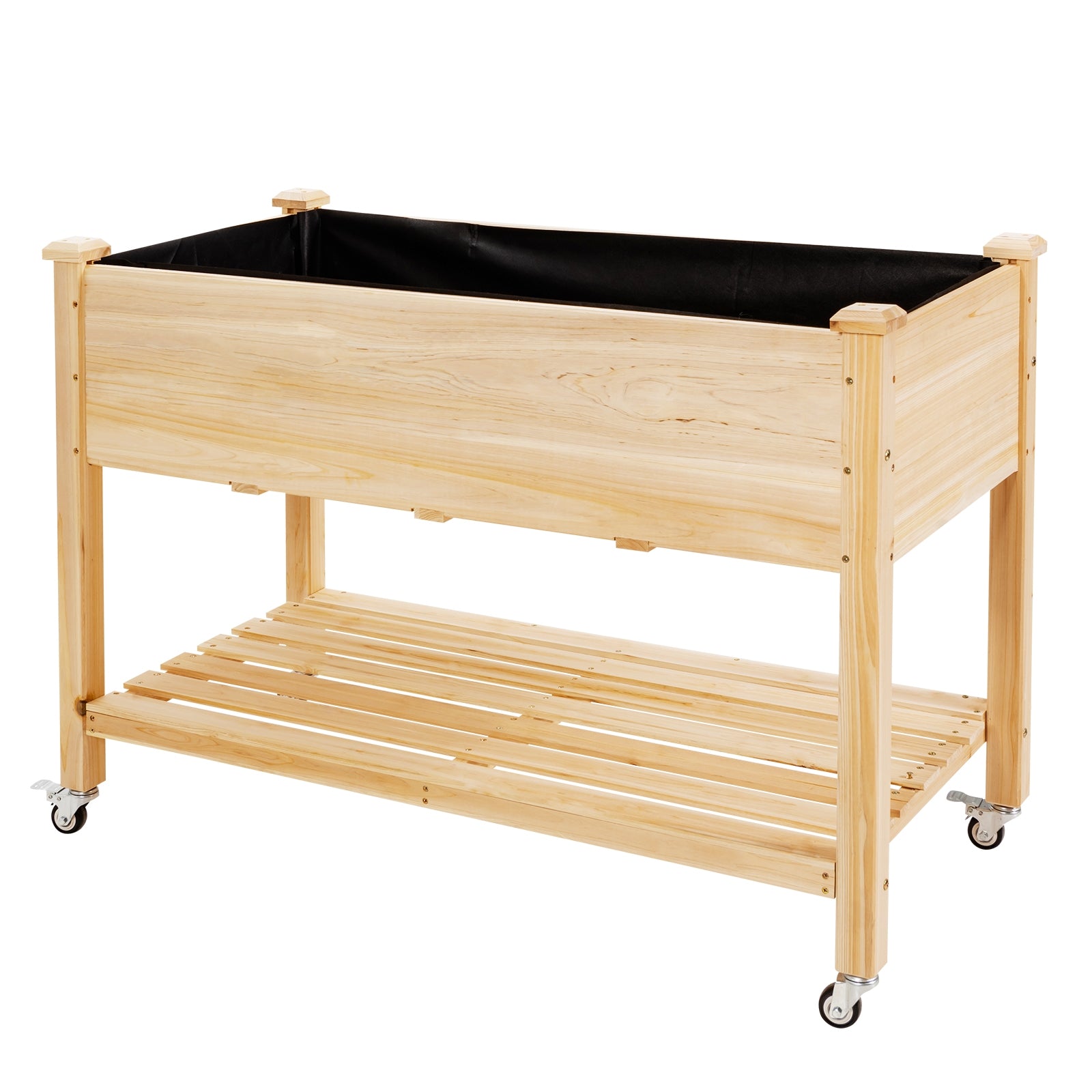 Wood Elevated Planter Bed with Lockable Wheels Shelf and LinerÂ