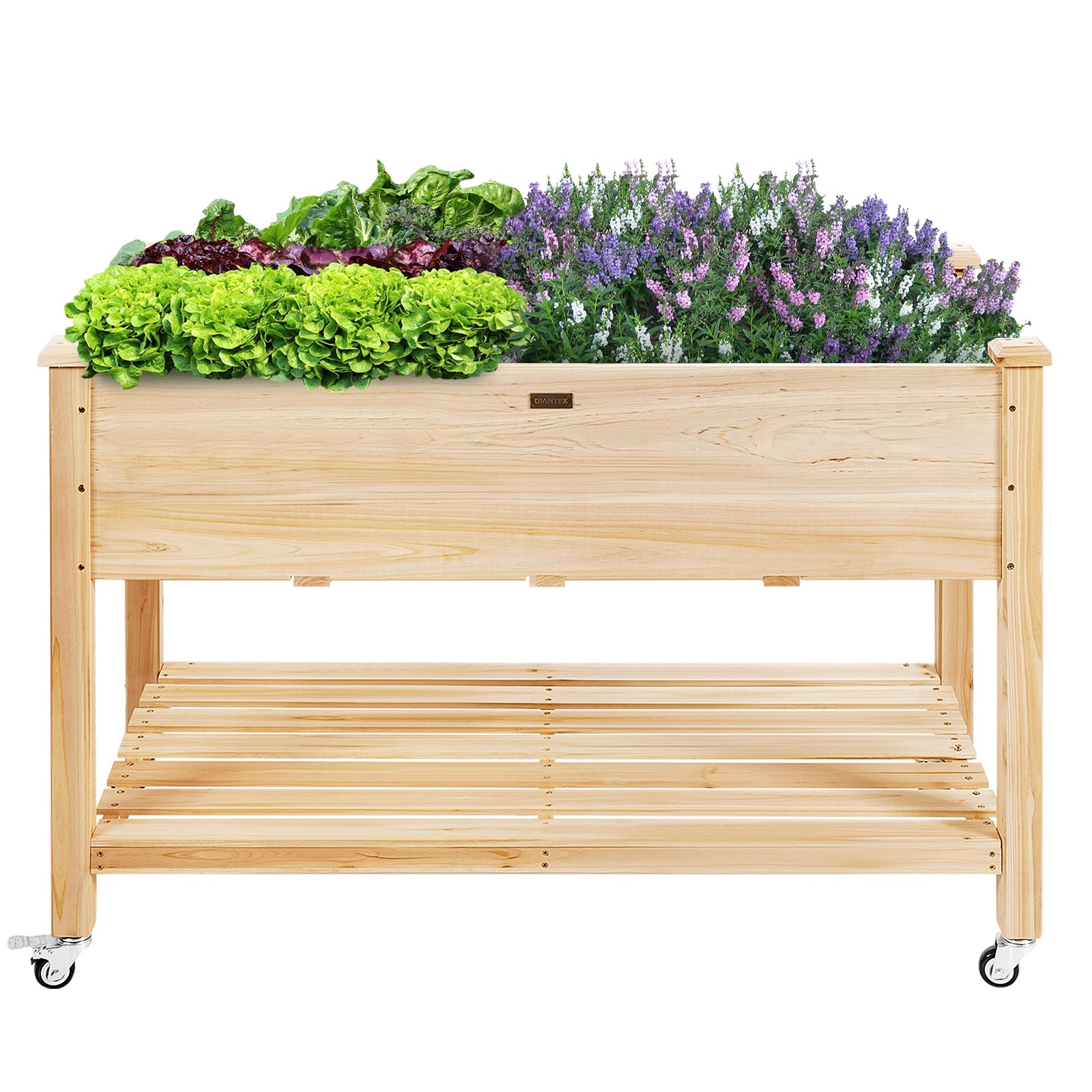 Wood Elevated Planter Bed with Lockable Wheels Shelf and LinerÂ