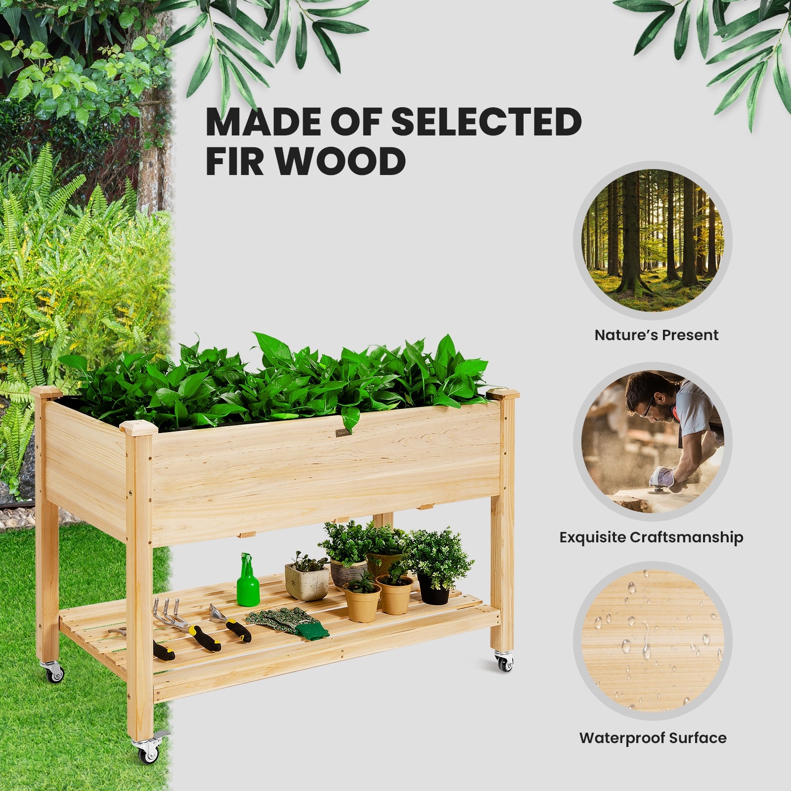 Wood Elevated Planter Bed with Lockable Wheels Shelf and LinerÂ