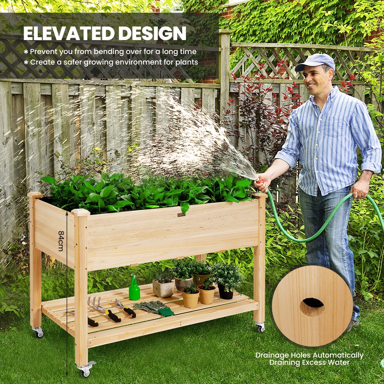 Wood Elevated Planter Bed with Lockable Wheels Shelf and LinerÂ