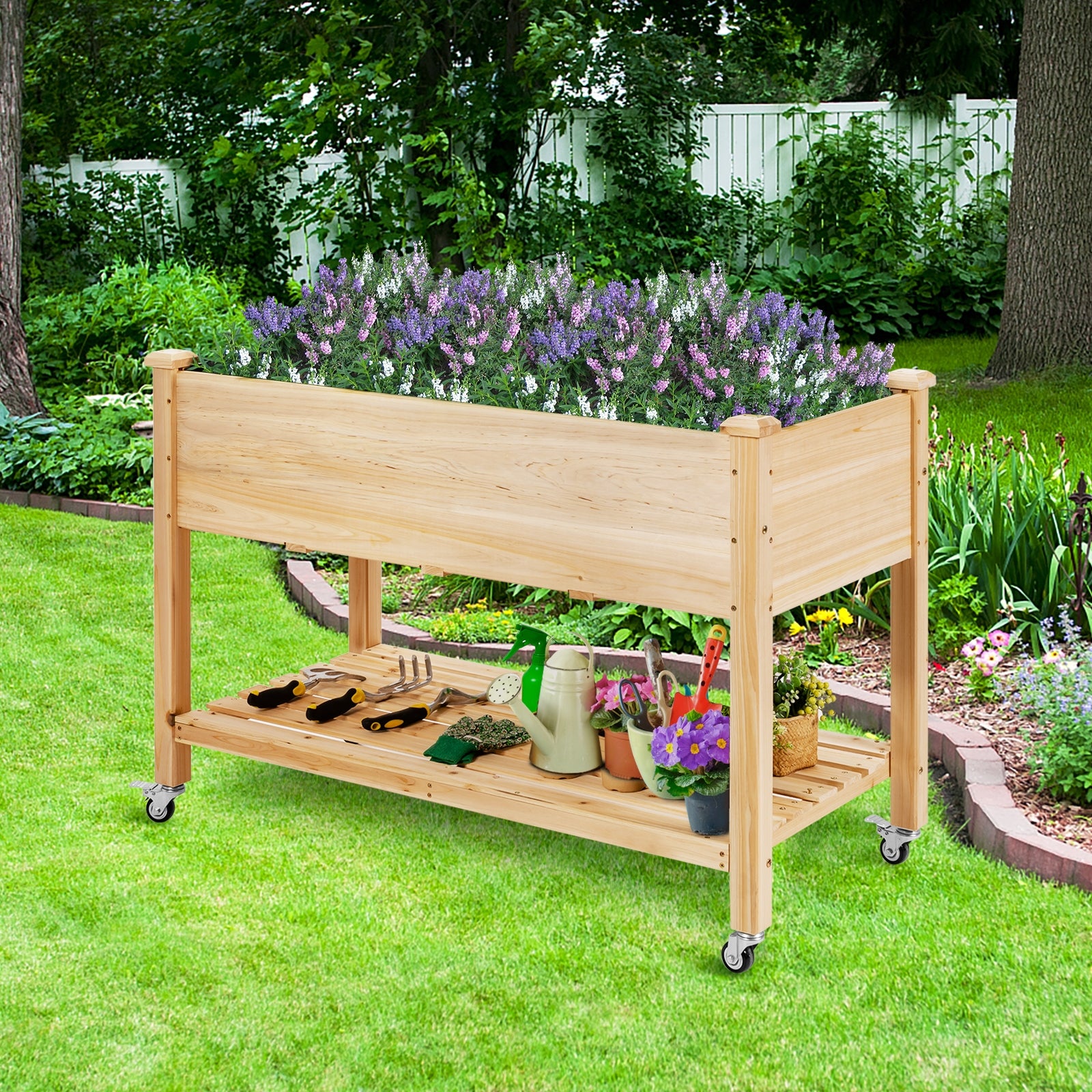 Wood Elevated Planter Bed with Lockable Wheels Shelf and LinerÂ
