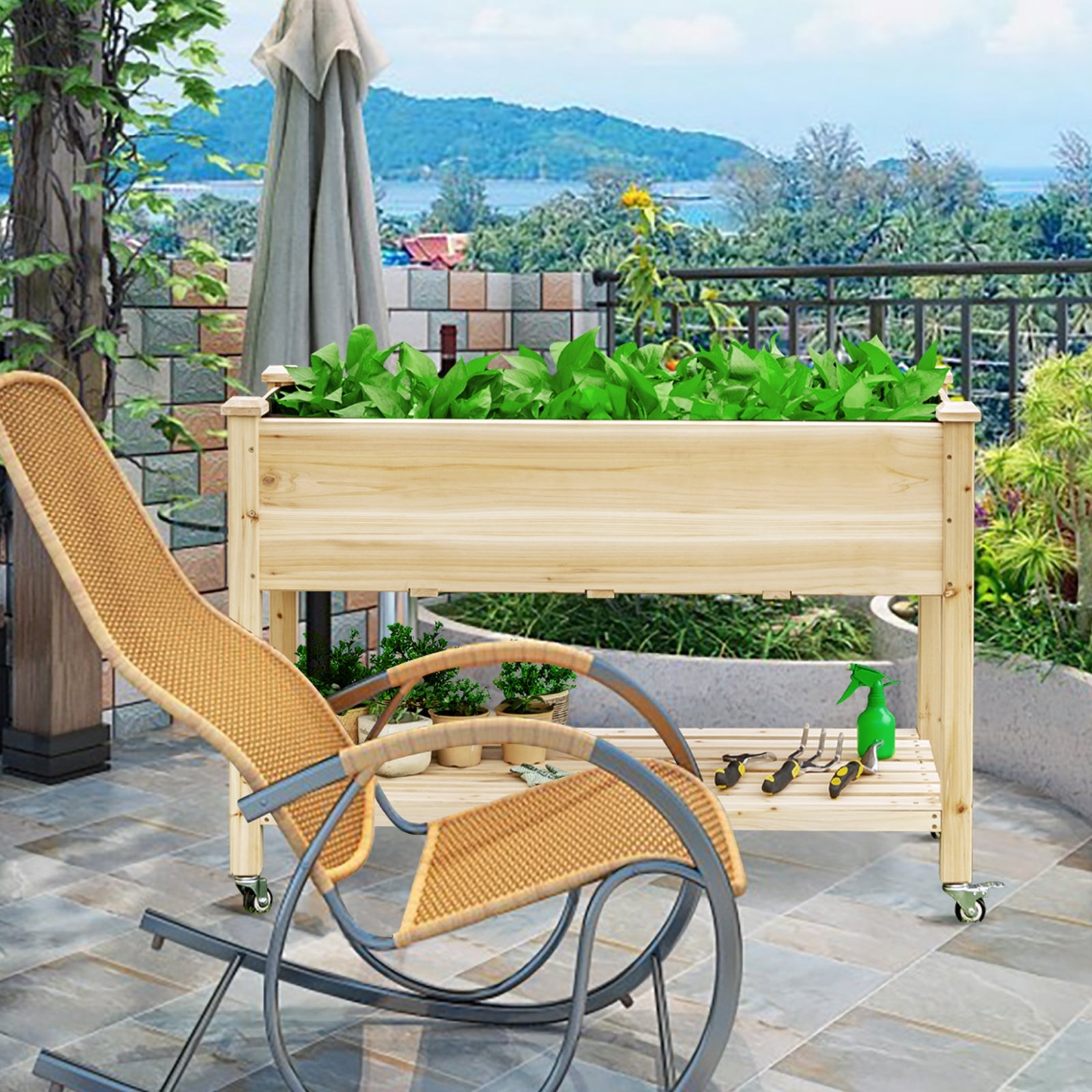 Wood Elevated Planter Bed with Lockable Wheels Shelf and LinerÂ