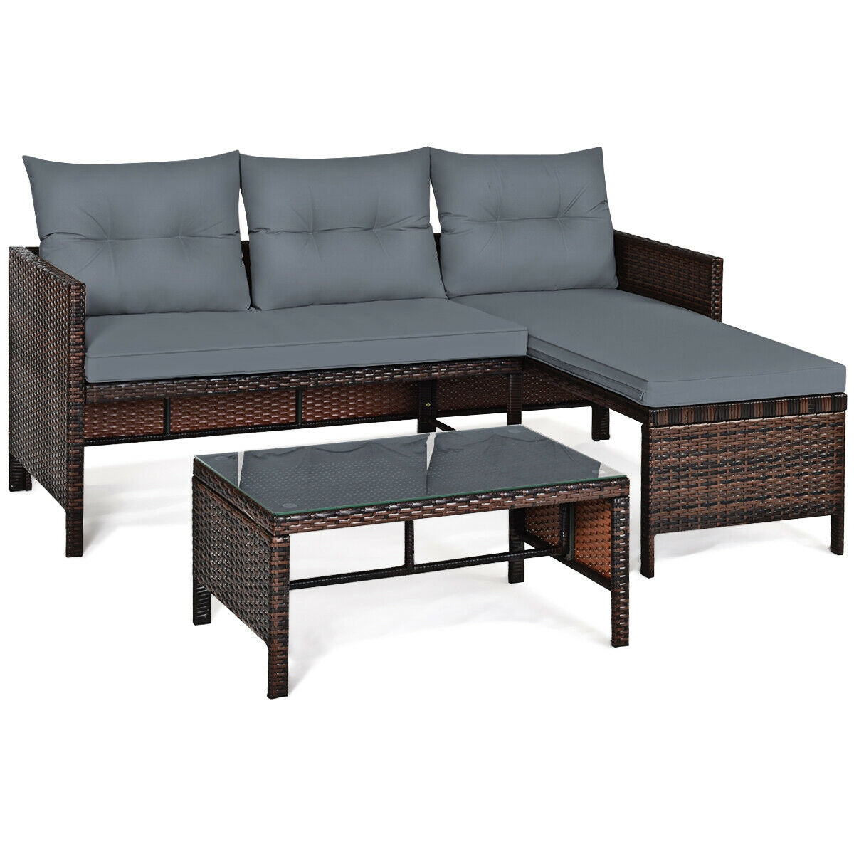 3 Pieces Patio Wicker Rattan Sofa Set-GrayÂ