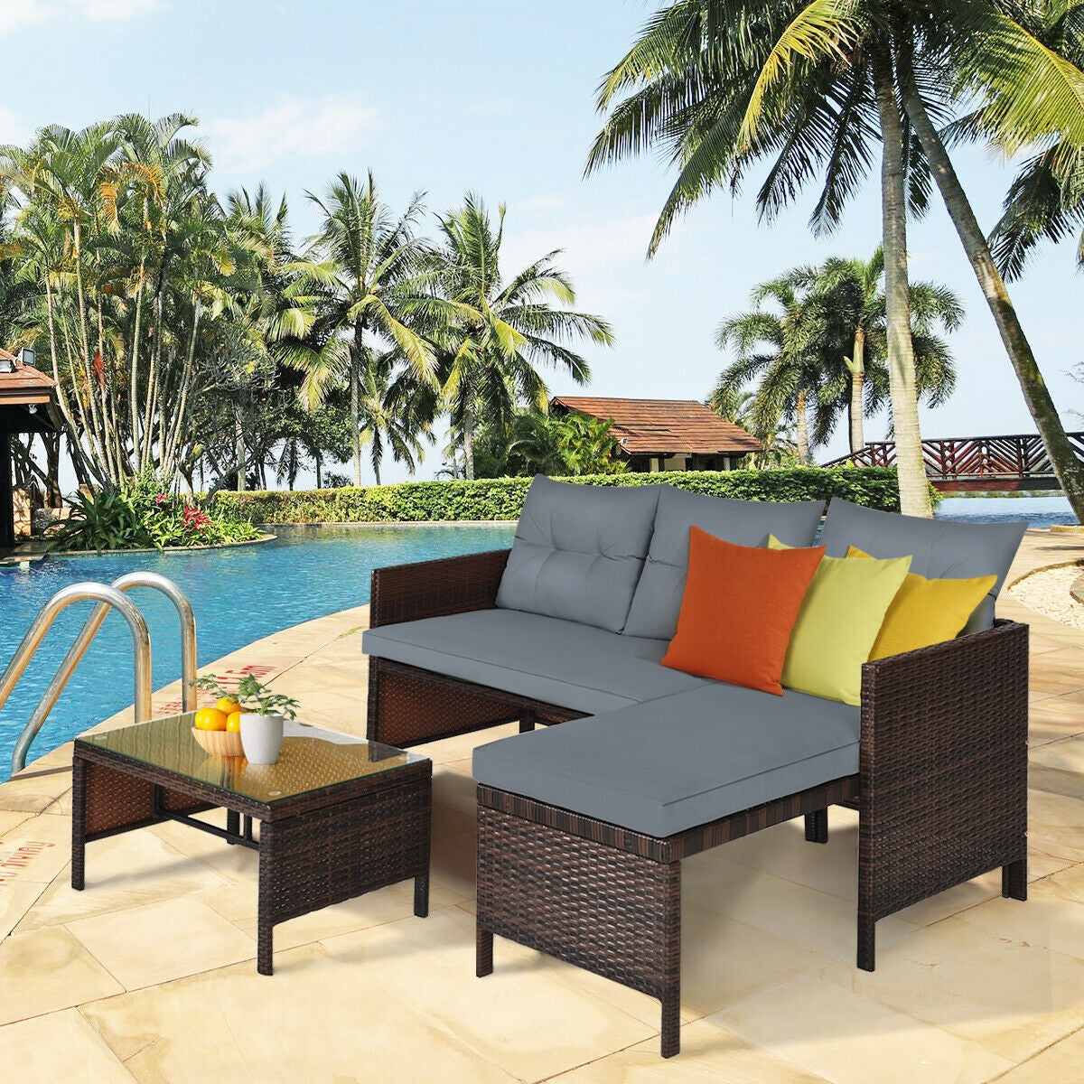 3 Pieces Patio Wicker Rattan Sofa Set-GrayÂ