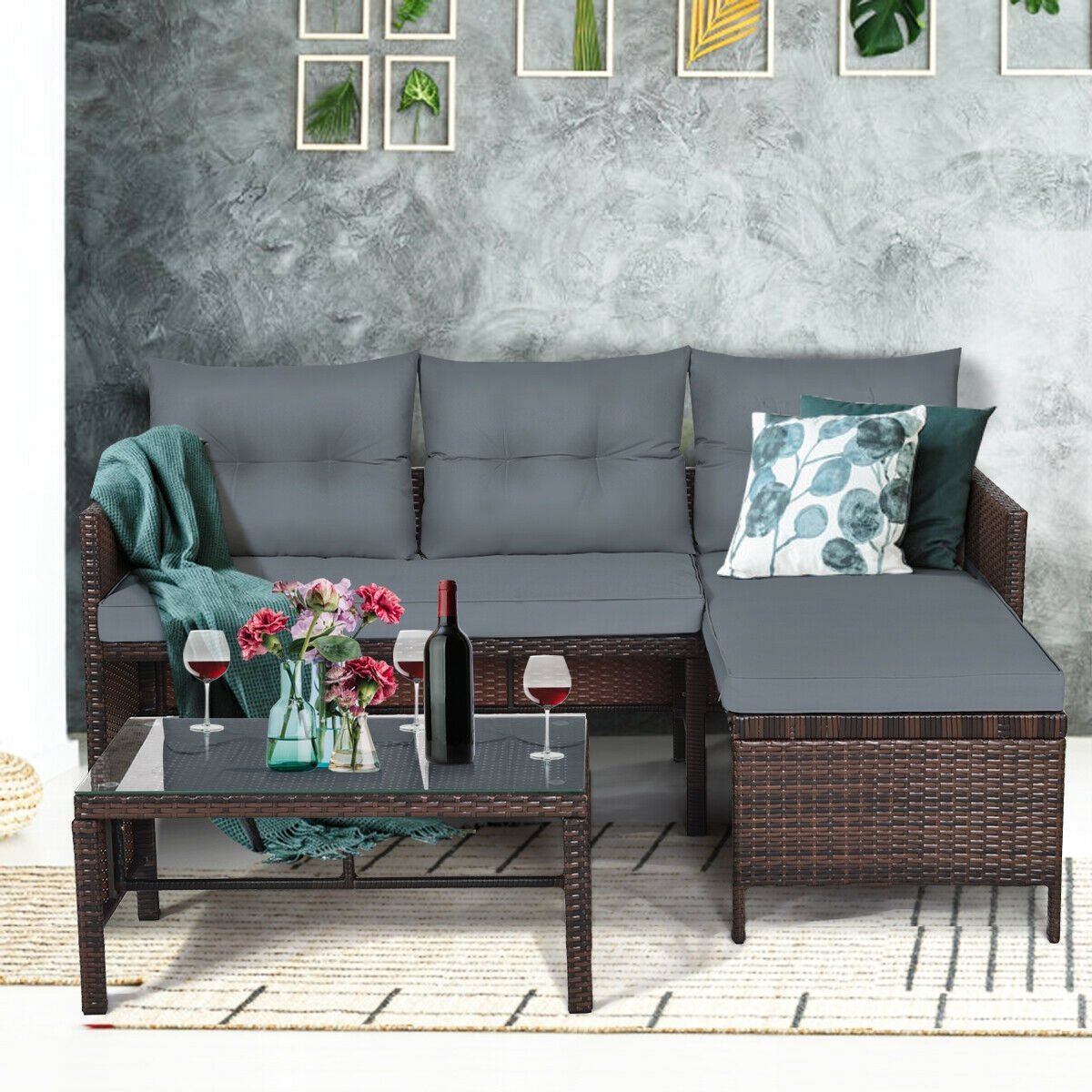 3 Pieces Patio Wicker Rattan Sofa Set-GrayÂ