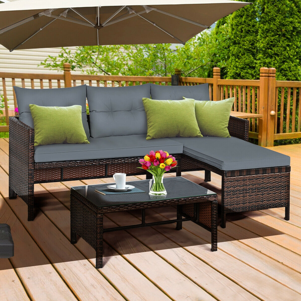 3 Pieces Patio Wicker Rattan Sofa Set-GrayÂ