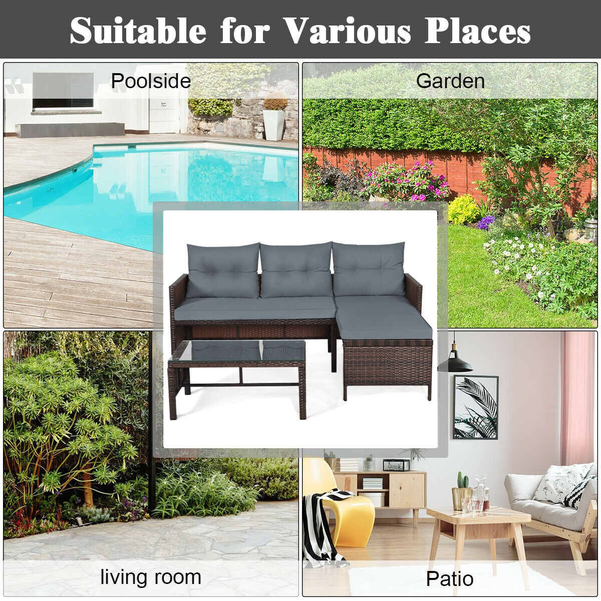 3 Pieces Patio Wicker Rattan Sofa Set-GrayÂ
