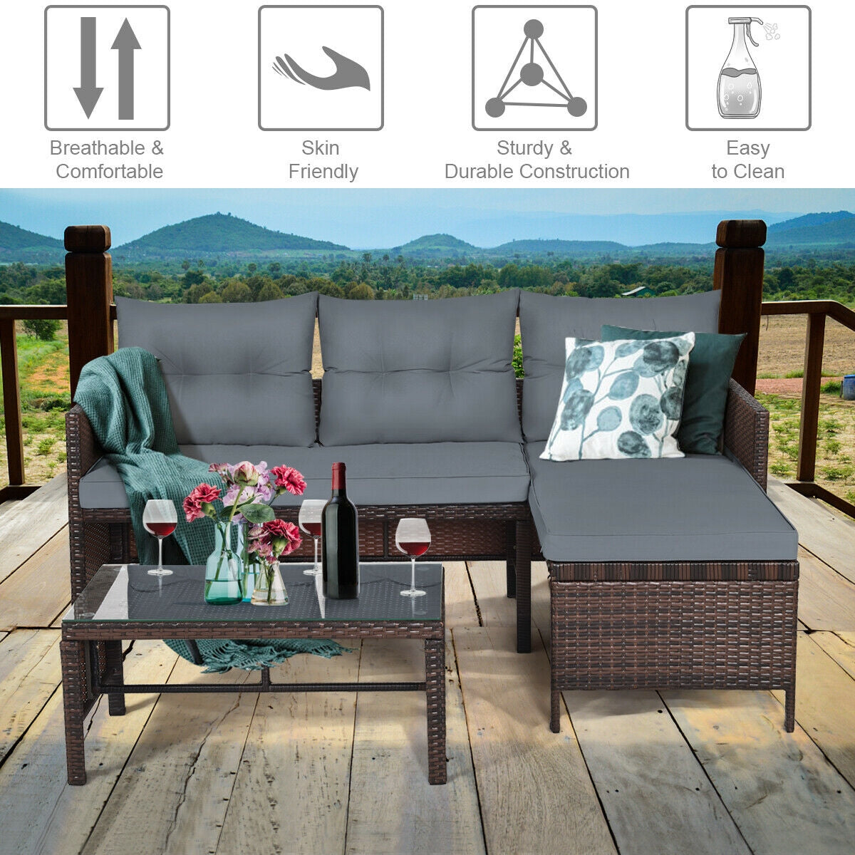 3 Pieces Patio Wicker Rattan Sofa Set-GrayÂ
